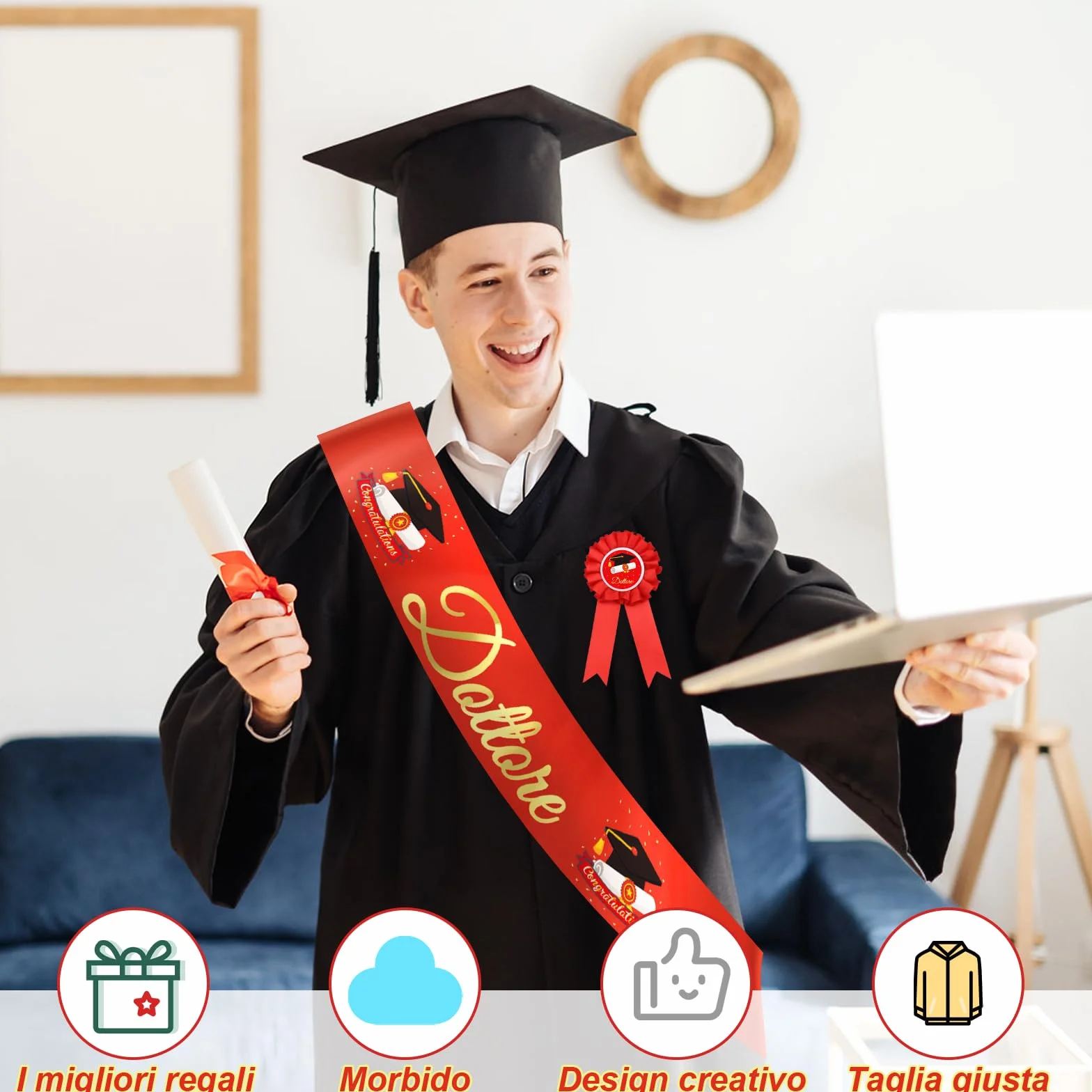 Fascia Laurea Dottore con Spilla Gadget Università Regalo Uomo Decorazione Festa Cerimonia