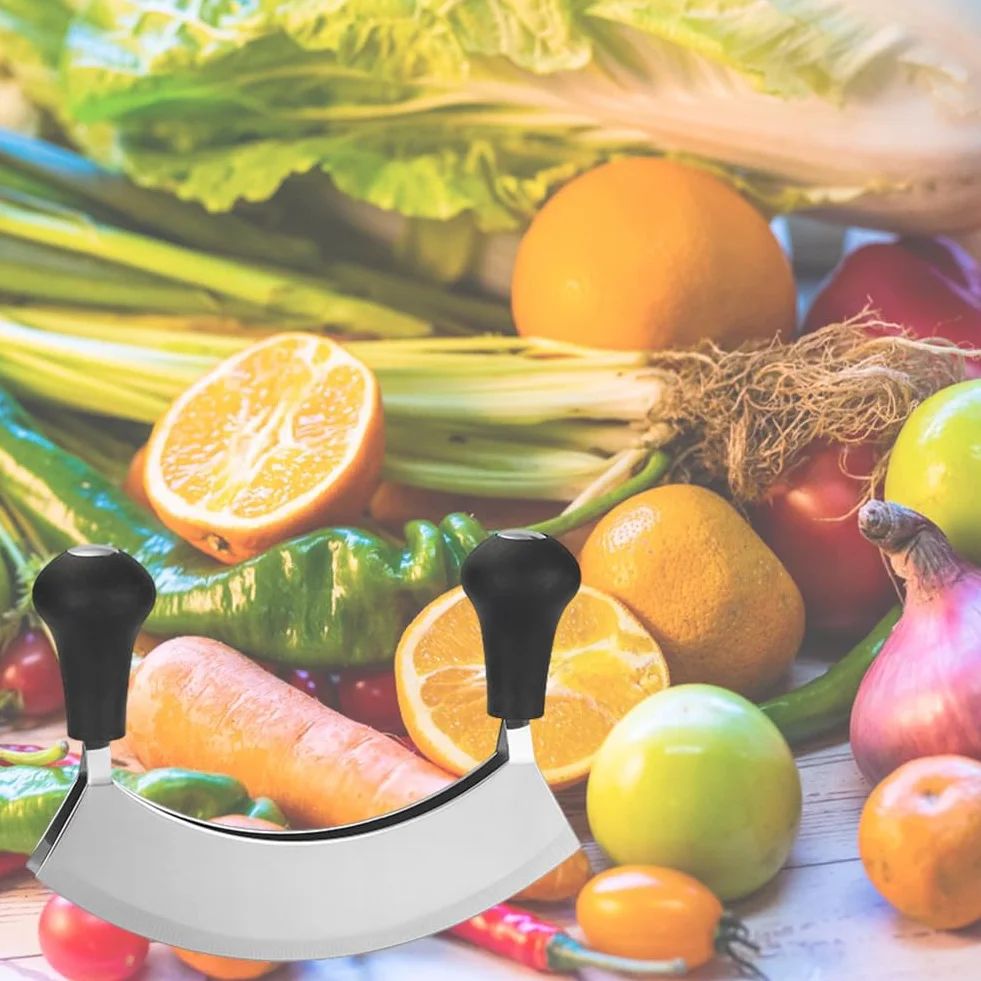 Coltello a Doppia Lama Trita Erbe, Mezzaluna Chopper, Mezzaluna Filo, Taglia Verdure Manuale, Coltello da Cucina con Lama Curva