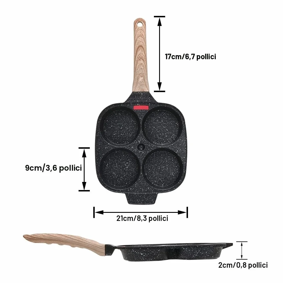 Pankache Padella, Padella Pancake con Coperchio Antiaderente Padella per Frittata a 4 Fori in Alluminio Per Colazione Hamburger Uova Fritte, per Induzione e Gas (Nero)