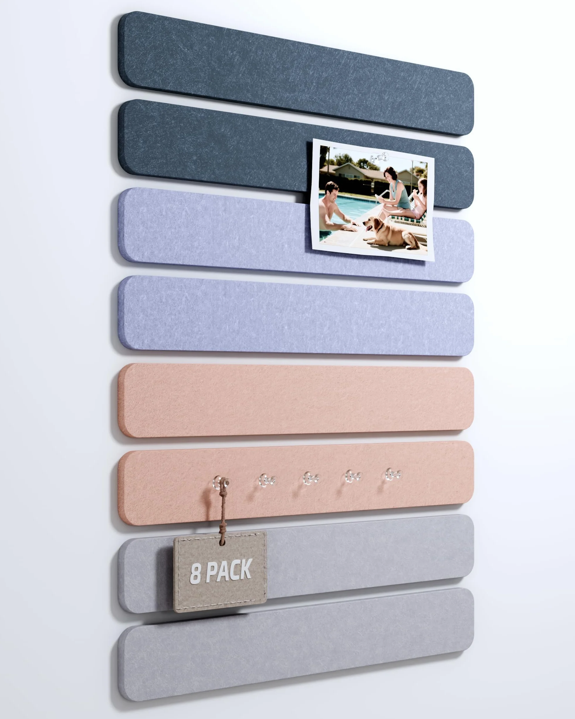Pannello in Feltro per Ufficio 33x5 cm, Set di 8 Pannelli Murali in Feltro con Adesivo e 30 Puntine, Pannello Foto/Memo/Display per scuola, casa, cucina - Grigio melange