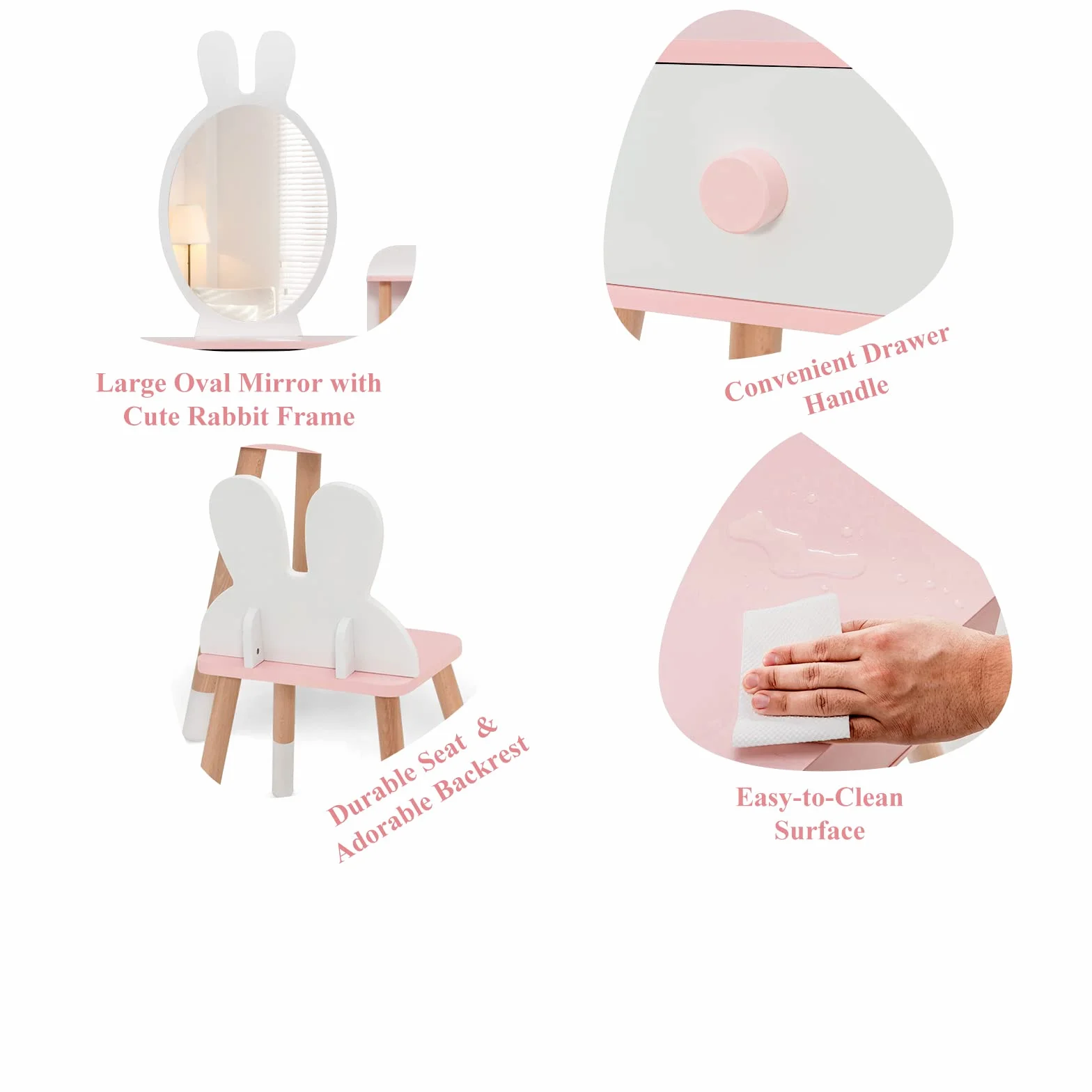 LIFEZEAL Tavolo da toeletta per bambini 2 in 1, specchio di coniglio, parrucchiere per bambini in legno con 2 cassetti e mensola, tavolino con specchio e sgabello per ragazze, tavolo da trucco, sedia