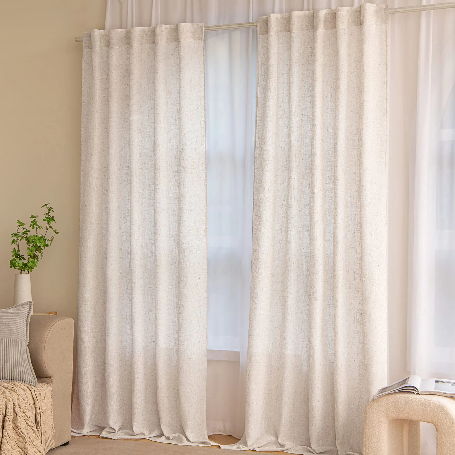 MIULEE Lino Tende Finestre Tenda a Pannello Traslucido Tende Moderne a Vela Trasparente per Porte Balcone Adatte per Soggiorno Camera da Letto 2 Pezzo Set Lino Naturale Bianco 140x260 cm