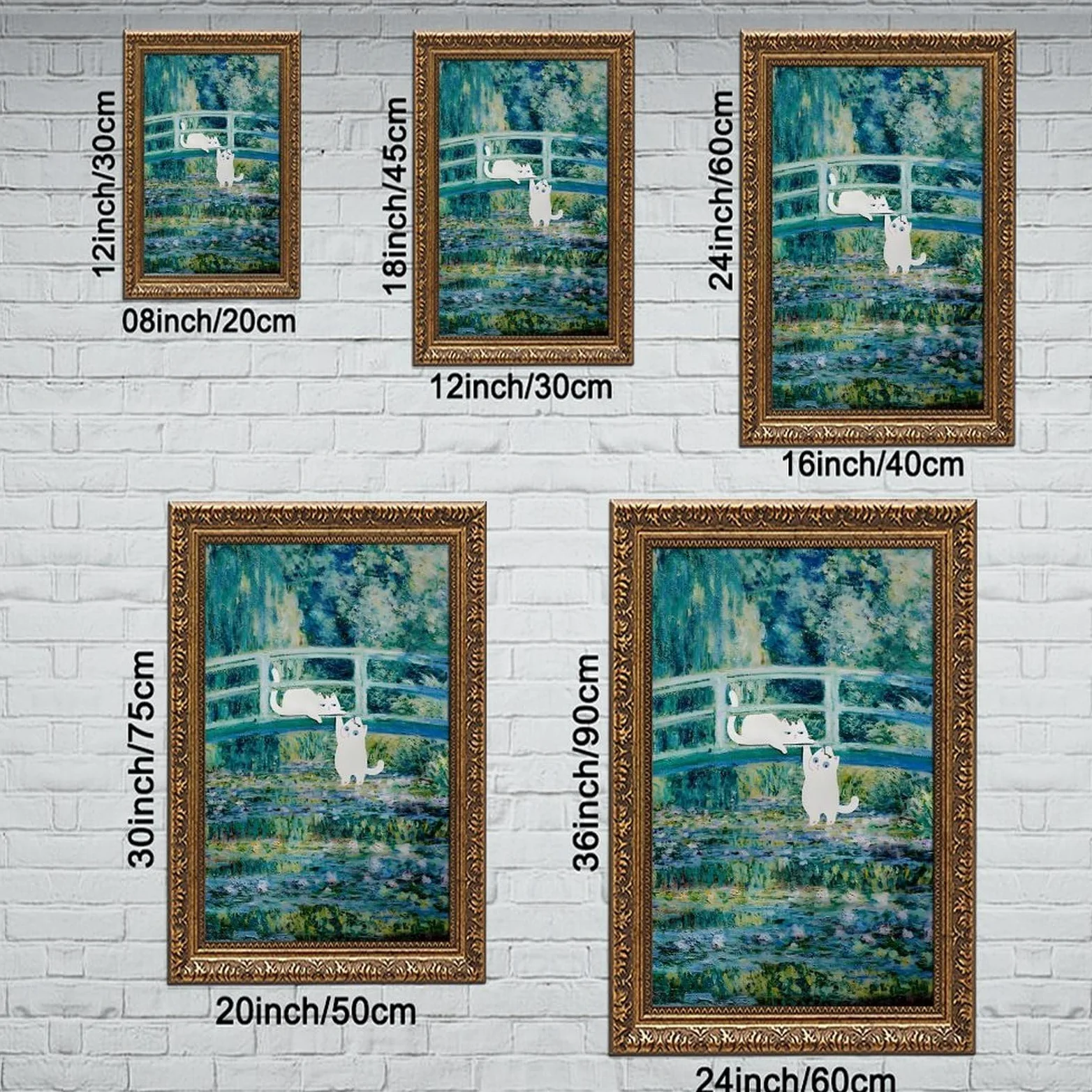 Poster divertente su tela con laghetto con ninfee di gatto, decorazione artistica da parete per soggiorno, camera da letto, decorazione retrò con cornice dorata: 50,8 cm di lunghezza x 76,2 cm di