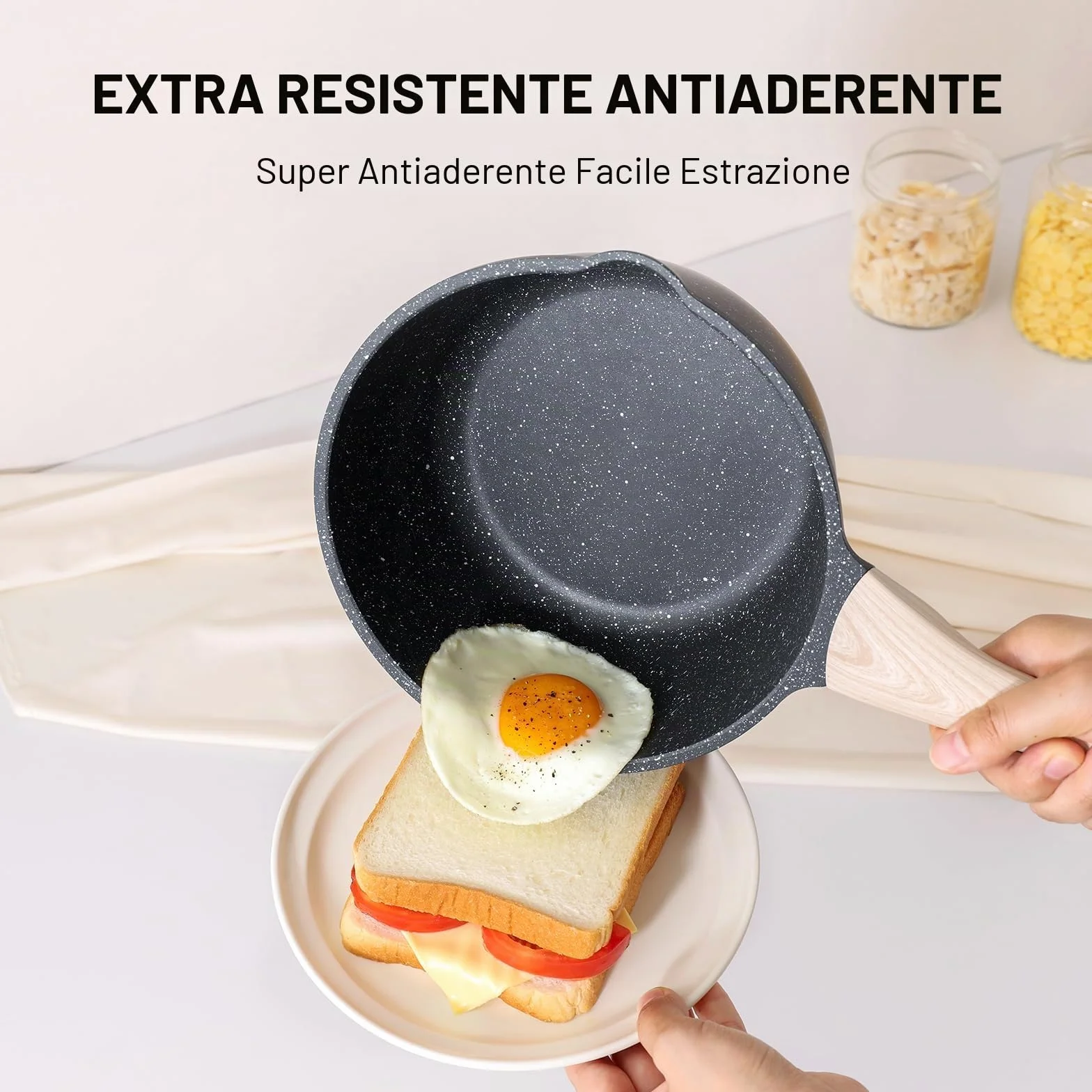 Set di pentole Kordisen con coperchi, da 16 cm e 20 cm, rivestimento in granito, doppio beccuccio per versare, facili da pulire, adatte ai piani cottura a induzione - Ideali per cucine piccole (Nero)