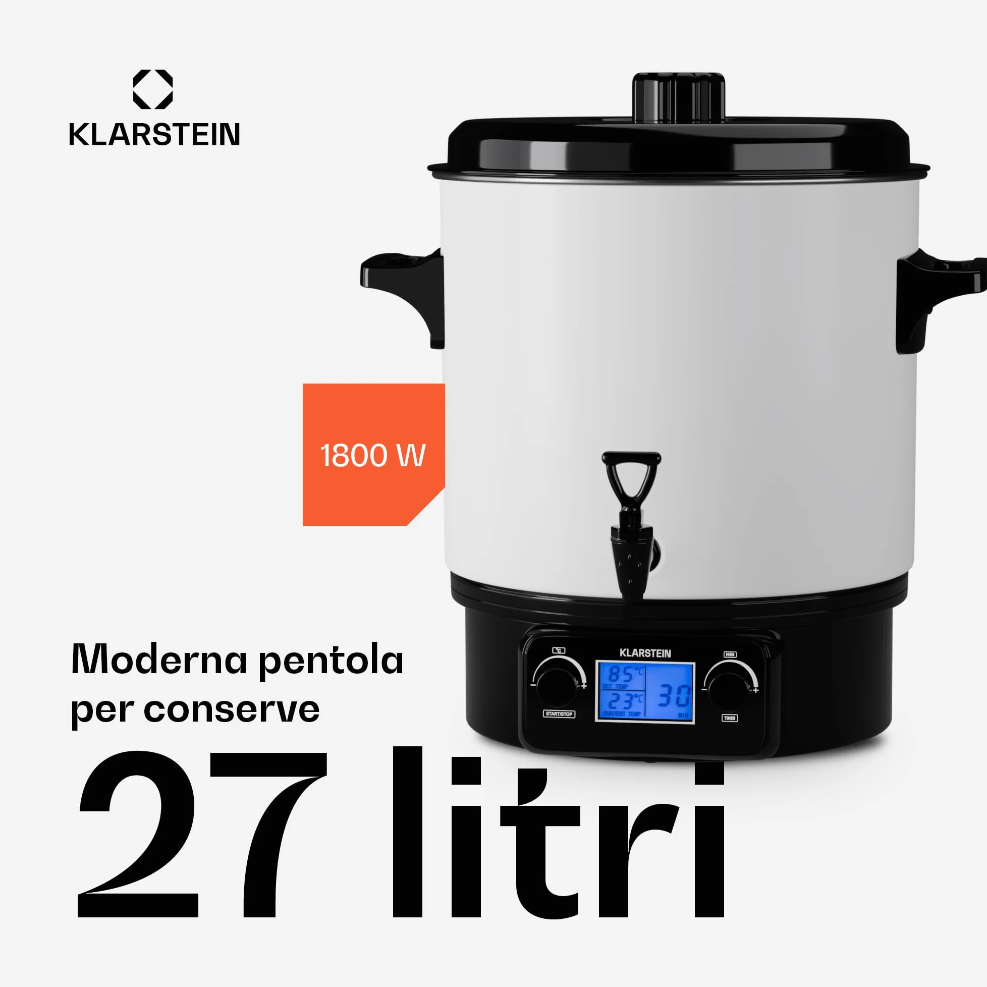 KLARSTEIN Bollitore Vin Brule, Distributore Bevande Calde, Dispenser Termico con Rubinetto 27 Litri, 1800W Acciaio Inossidabile, Thermos Bollitore Acqua Calda e tè, Pentola Bollitore Kit Vin Brulè