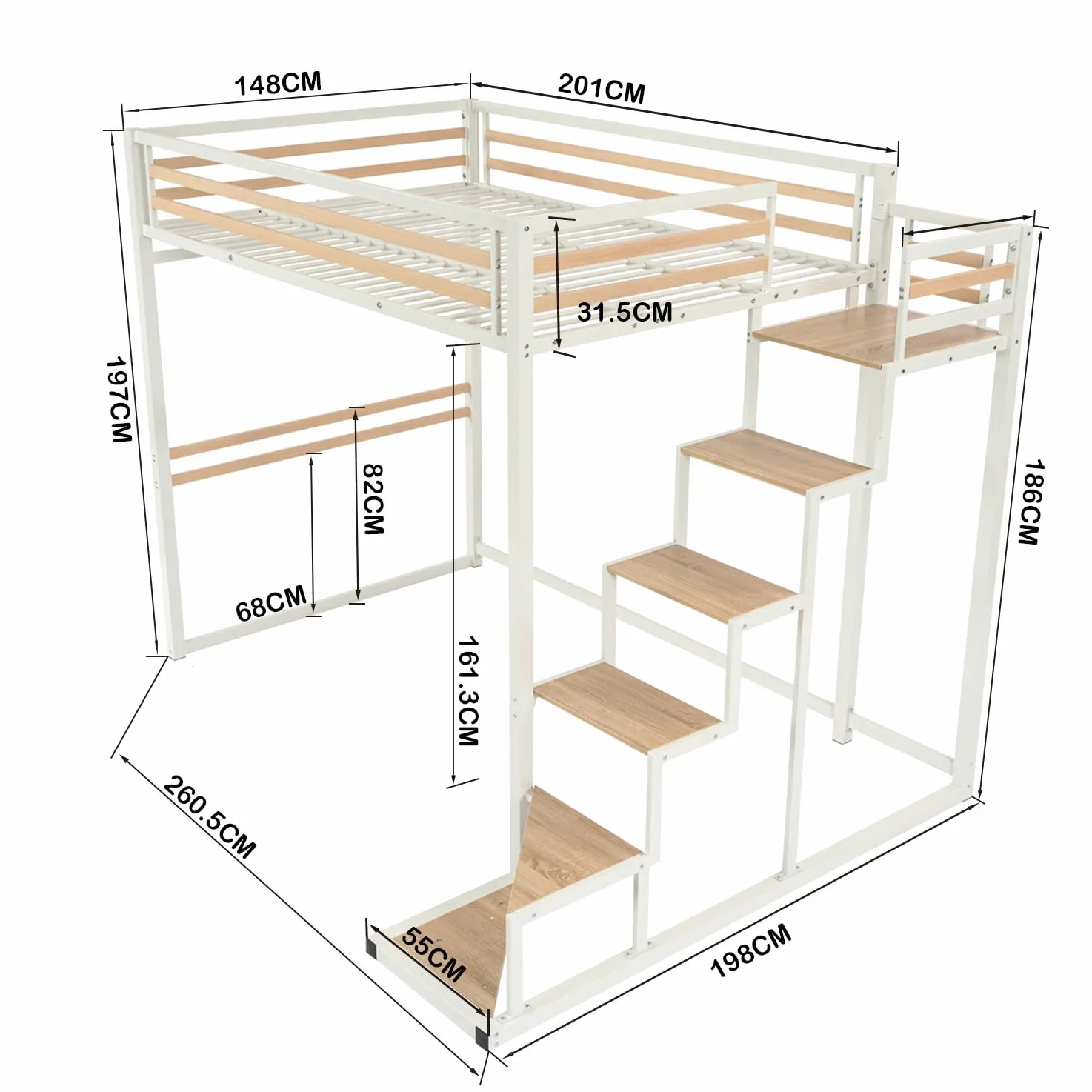 MEUBLE COSY Letto a Soppalco 140 x 200 cm con Rete a Doghe in Legno di Ingegneria e Metallo, Stile industriale, Letti per Camerette, Adulti, Bambini, Casa, Bianco+Quercia