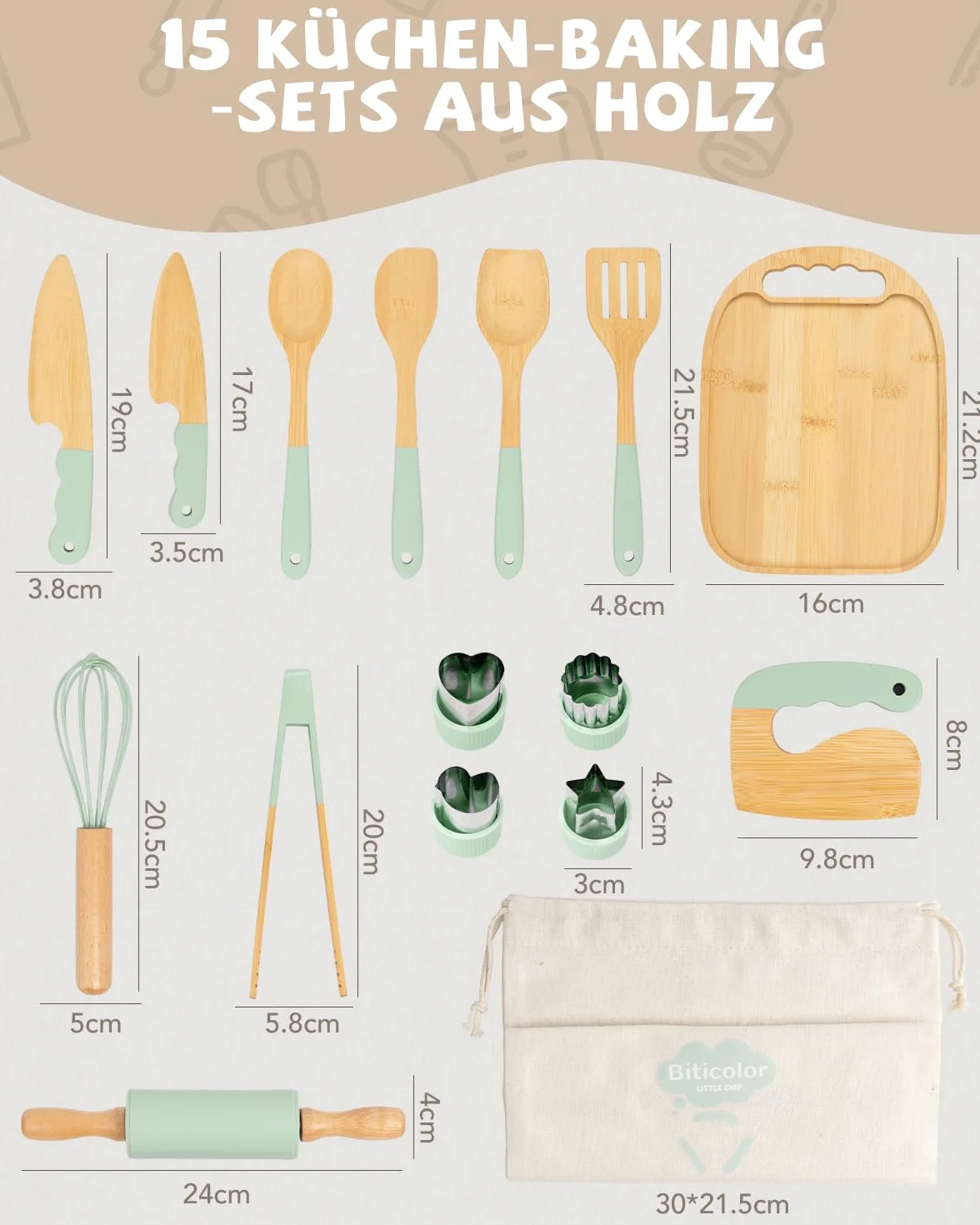 Set di coltelli per bambini, 15 pezzi, con taglierino sicuro, tagliere in legno, set da cucina Montessori per il taglio, apprendimento a partire dai 3 anni (verde)