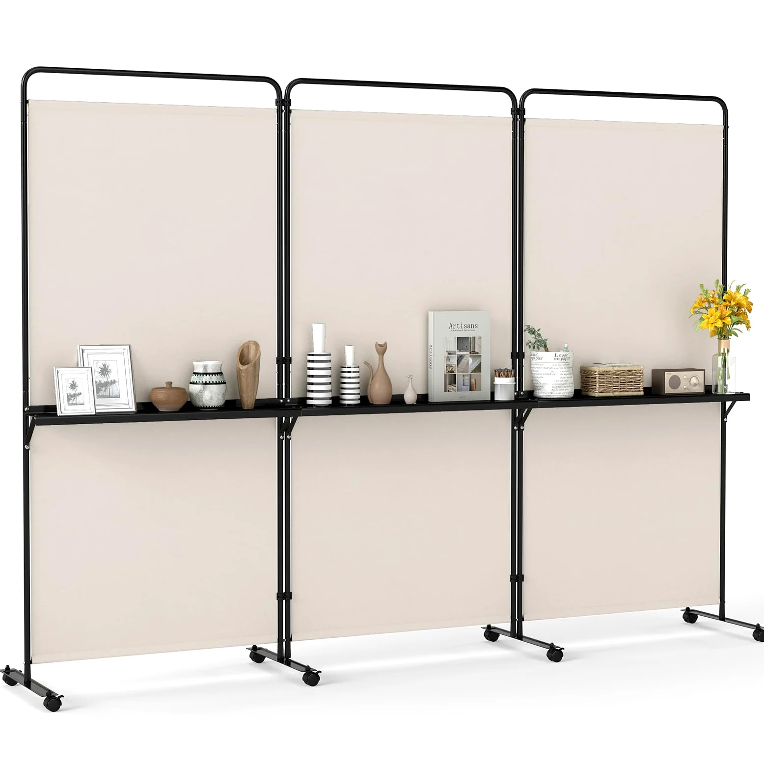 COSTWAY Paravento Interno 3 Ante con 8 Ruote Bloccabili e Ripiani (Bianco) | Separe Divisorio Pieghevole con Scaffale Portaoggetti, Tessuto Resistente e Opaco per Salotto, Camera da Letto e Ufficio