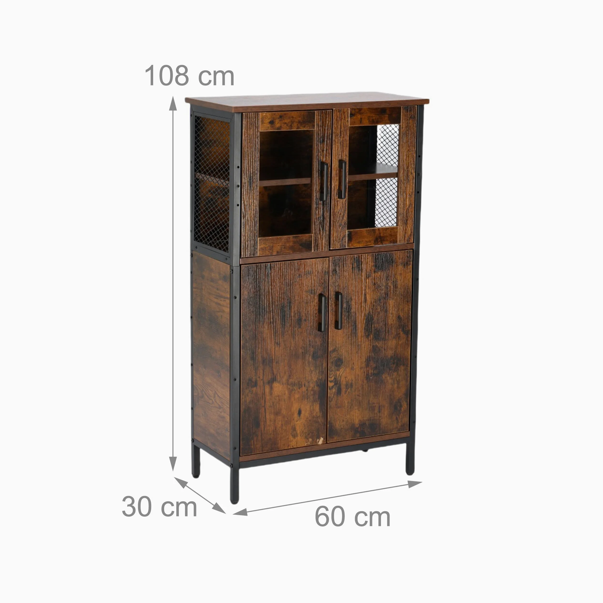 Relaxdays Armadio da Cucina Industrial, Armadio Alto con Ante in Vetro H 108x60x30 cm, vetrina Slim, Legno Marrone