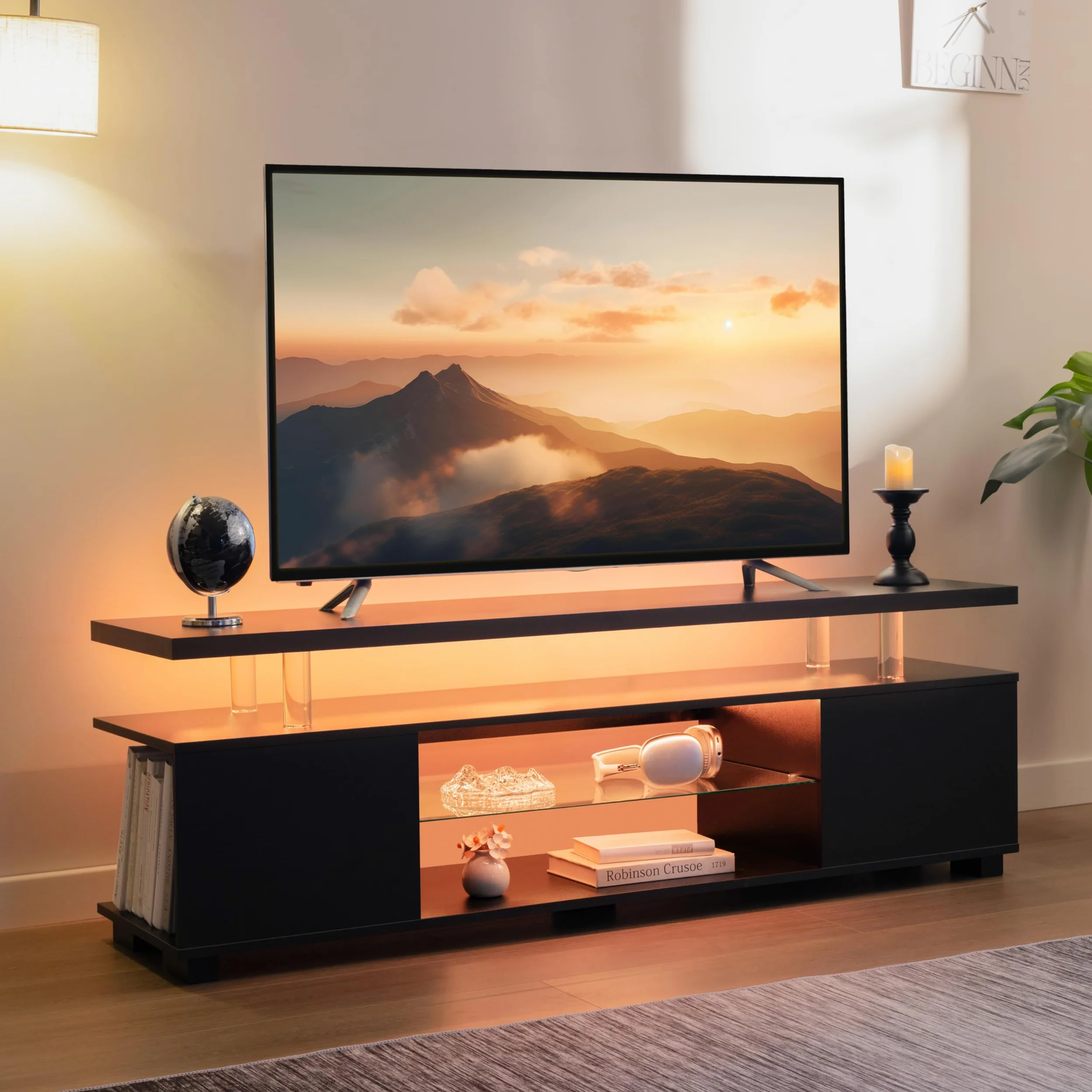 Cubehom LED TV-Schrank 130 cm, Moderno mobile porta TV con illuminazione a LED e spazio di archiviazione, tavolo TV per soggiorno, per televisori fino a 60 pollici, Nero
