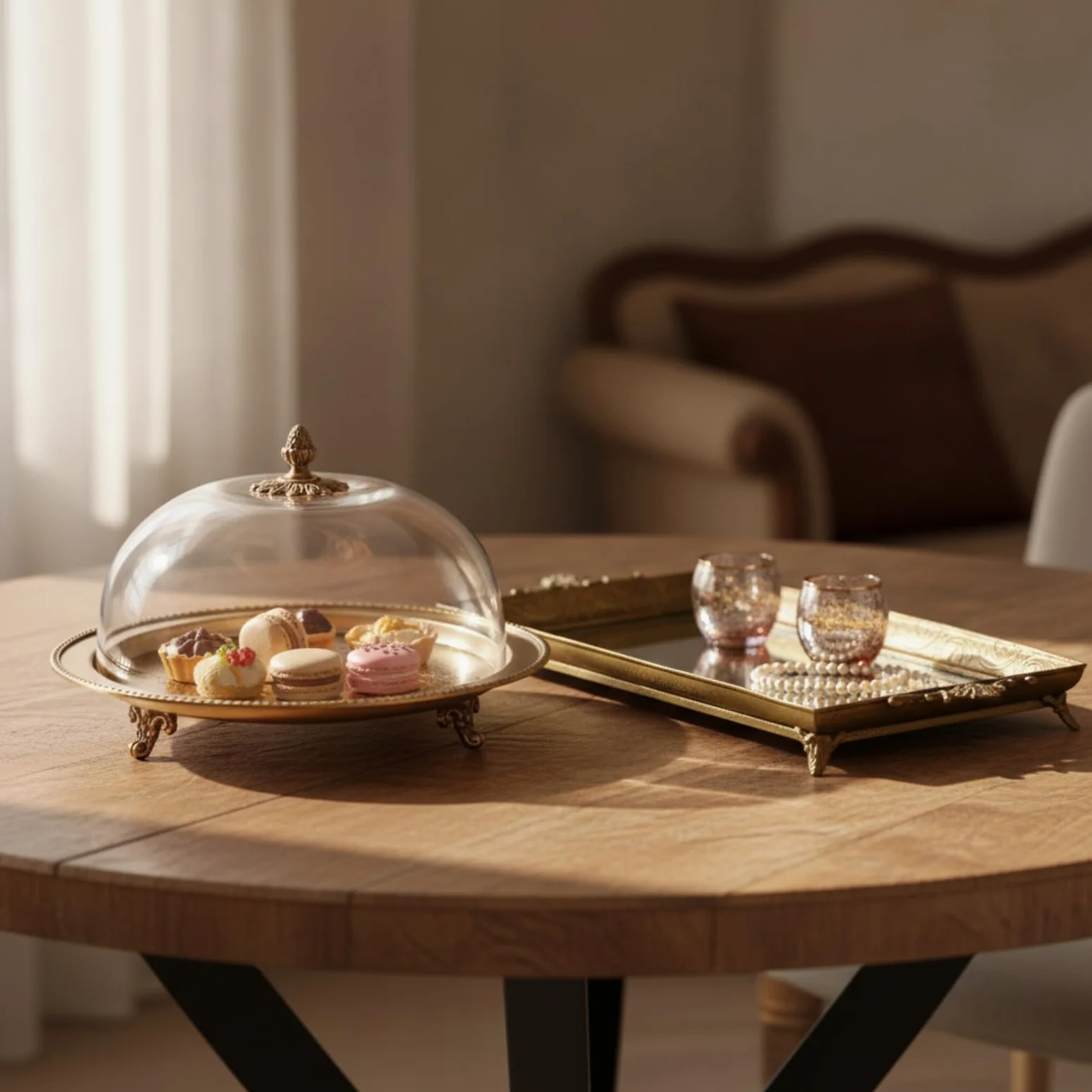 Alzata per Dolci Vassoio Espositore Centrotavola in Ottone E Vetro con Due Ripiani E Manico Ad Anello Struttura Stabile E Vassoi in Vetro Trasparente , Retro Mirror Tray