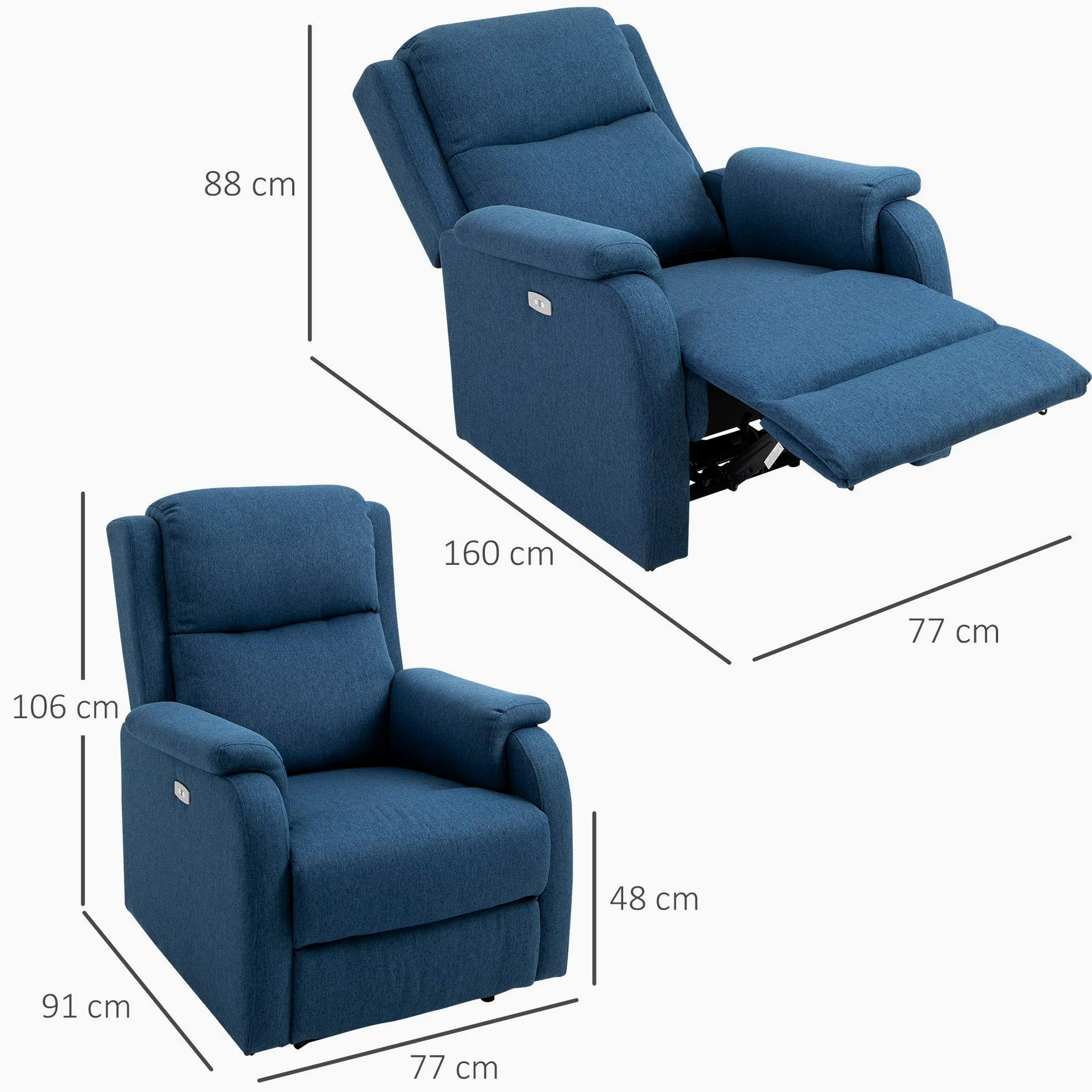 HOMCOM Poltrona Relax Elettrica con Poggiapiedi e Presa USB, Poltrona Reclinabile Elettrica 160° in Tessuto effetto Lino, Legno di Pioppo per Soggiorno, Salotto e Camera da Letto, Blu