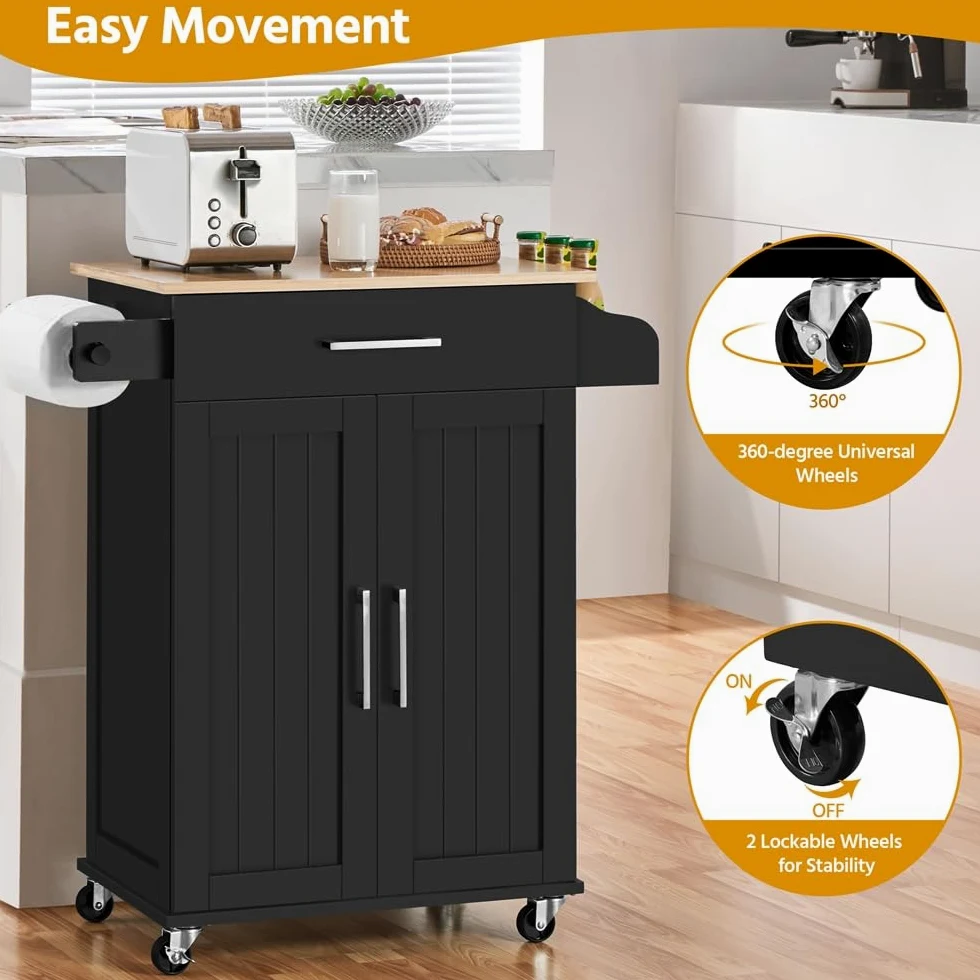 Yaheetech Carrello da Cucina con Ruote Cassetto a 2 Ante Piano di Lavoro Carrellino Salvaspazio con Portasciugamani e Portaspezie Moderno Porta Microonde 91,5 x 66 x 45,5 cm Nero