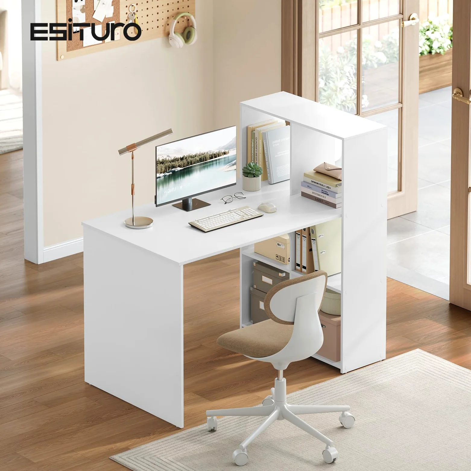 eSituro Scrivania con Libreria a 3 Ripiani, 120 x 63 x 111 cm, Bianca | 6 Scomparti Aperti, Design Salvaspazio, per Studio e Camera da Letto