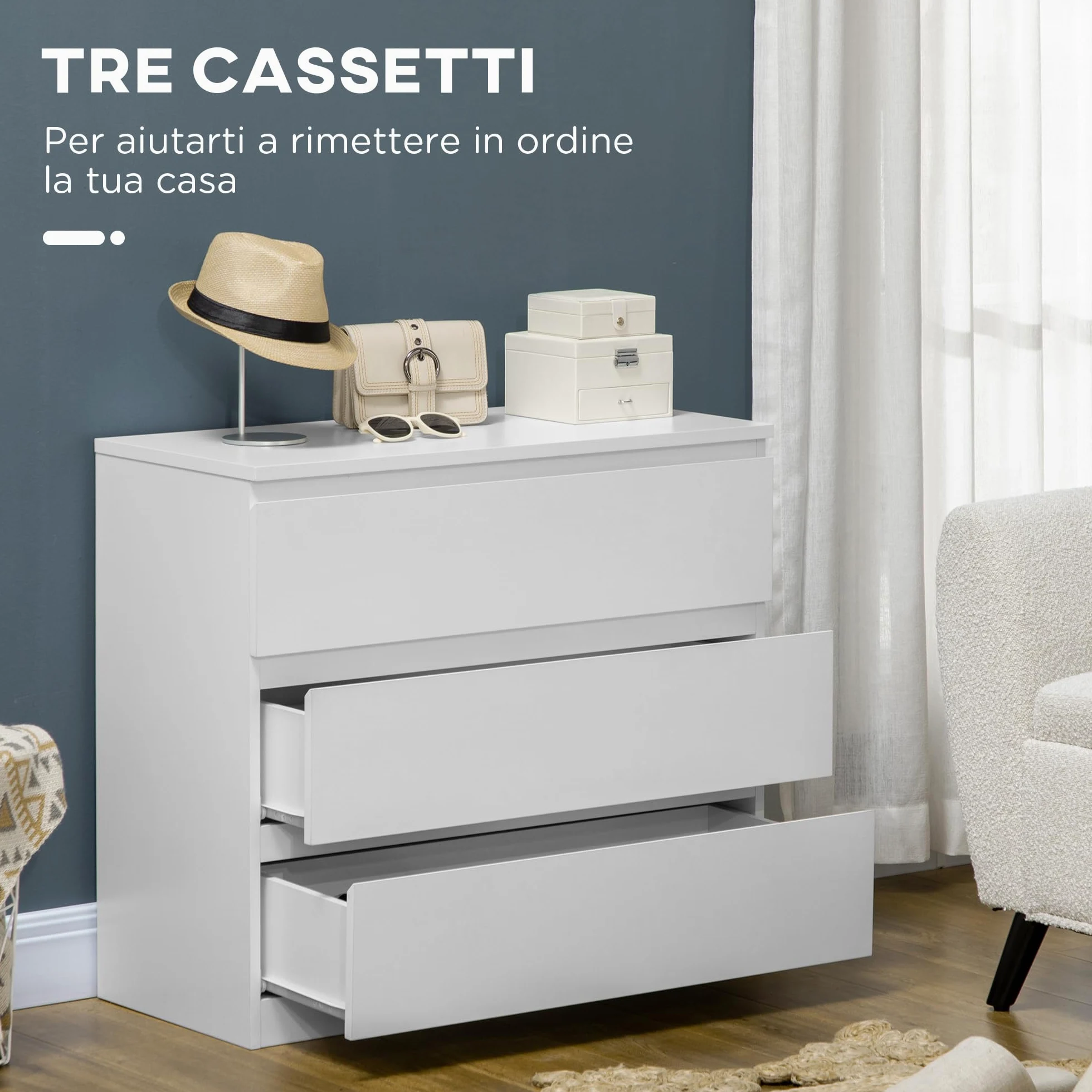 HOMCOM Cassettiera Camera da Letto 3 Cassetti, Como Camera da Letto in Legno Senza Maniglie, Cassettiera Salvaspazio per Ingresso, Soggiorno, Sala da Pranzo e Corridoio, 80x39x73 cm, Bianco