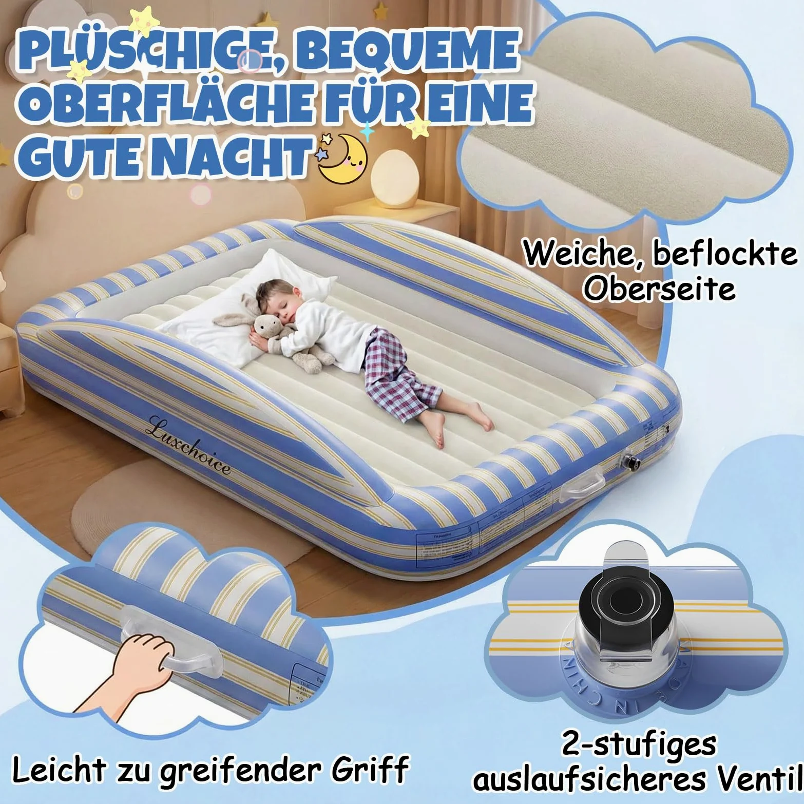 Luxchoice Materasso Gonfiabile Singolo per Bambini con Pompa Elettrica - Letto Gonfiabile con Sponde di Sicurezza Superficie Morbida Floccata Perfetto per Viaggi Campeggio e Uso Domestico