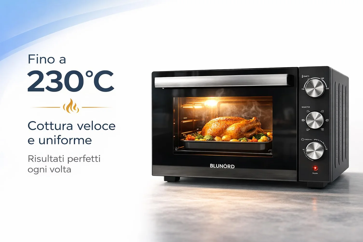 Forno Elettrico Ventilato 52L Doppio Vetro 6 Funzioni Cottura 90-230°C Timer 60 Min Luce Interna Pareti Antiaderenti