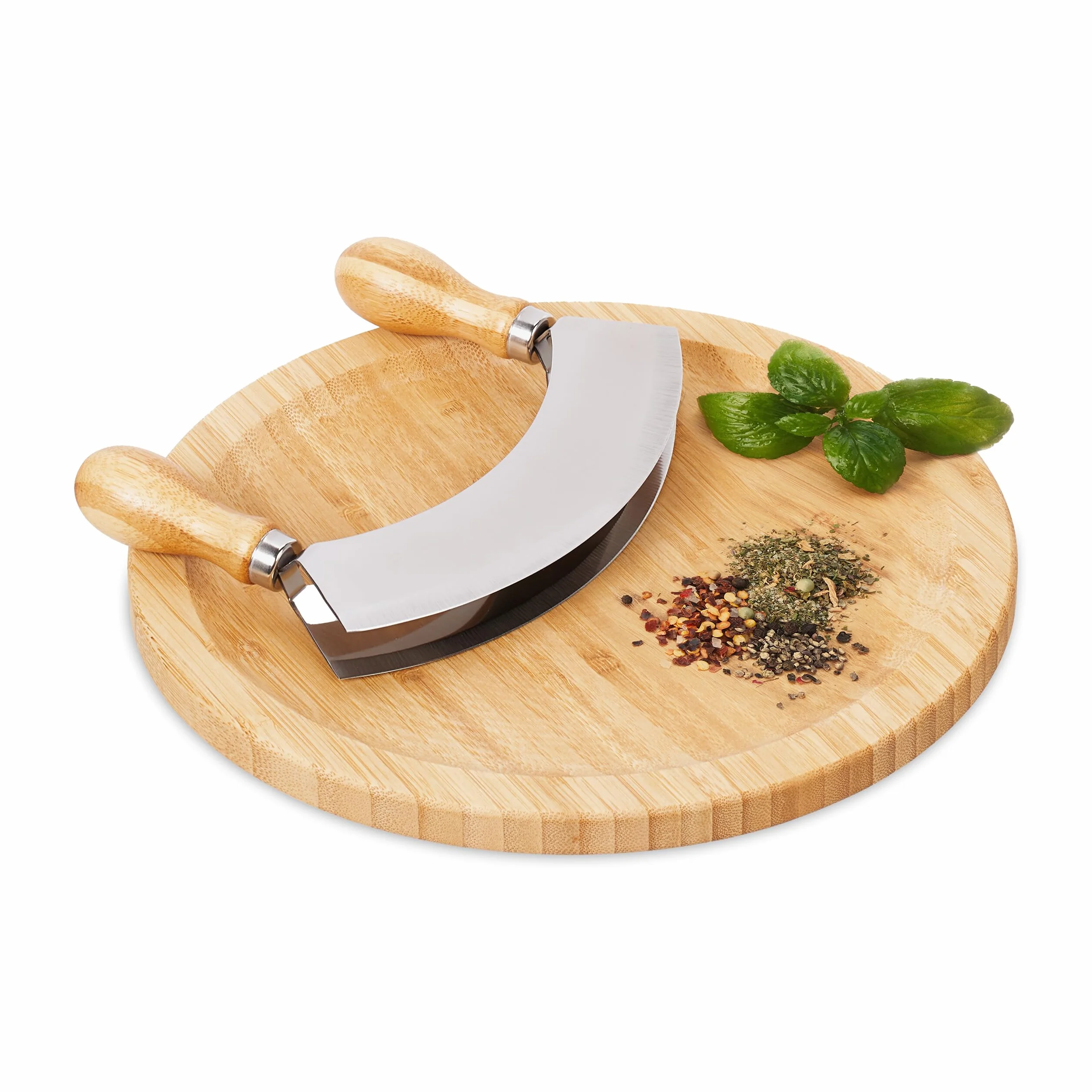 Relaxdays Mezzaluna con Tagliere Ø 25cm, Coltello a Doppia Lama Trita Erbe, in Acciaio Inox e bambù, Naturale Argentato