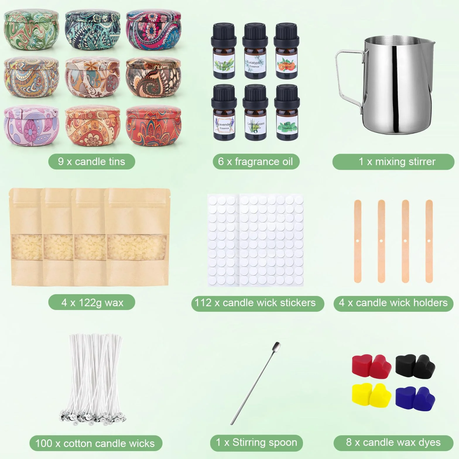 VICBAY Kit Candele Fai Da Te, 480g Cera Soia, 9 Barattoli, 6 Oli Profumati, DIY Set Regalo