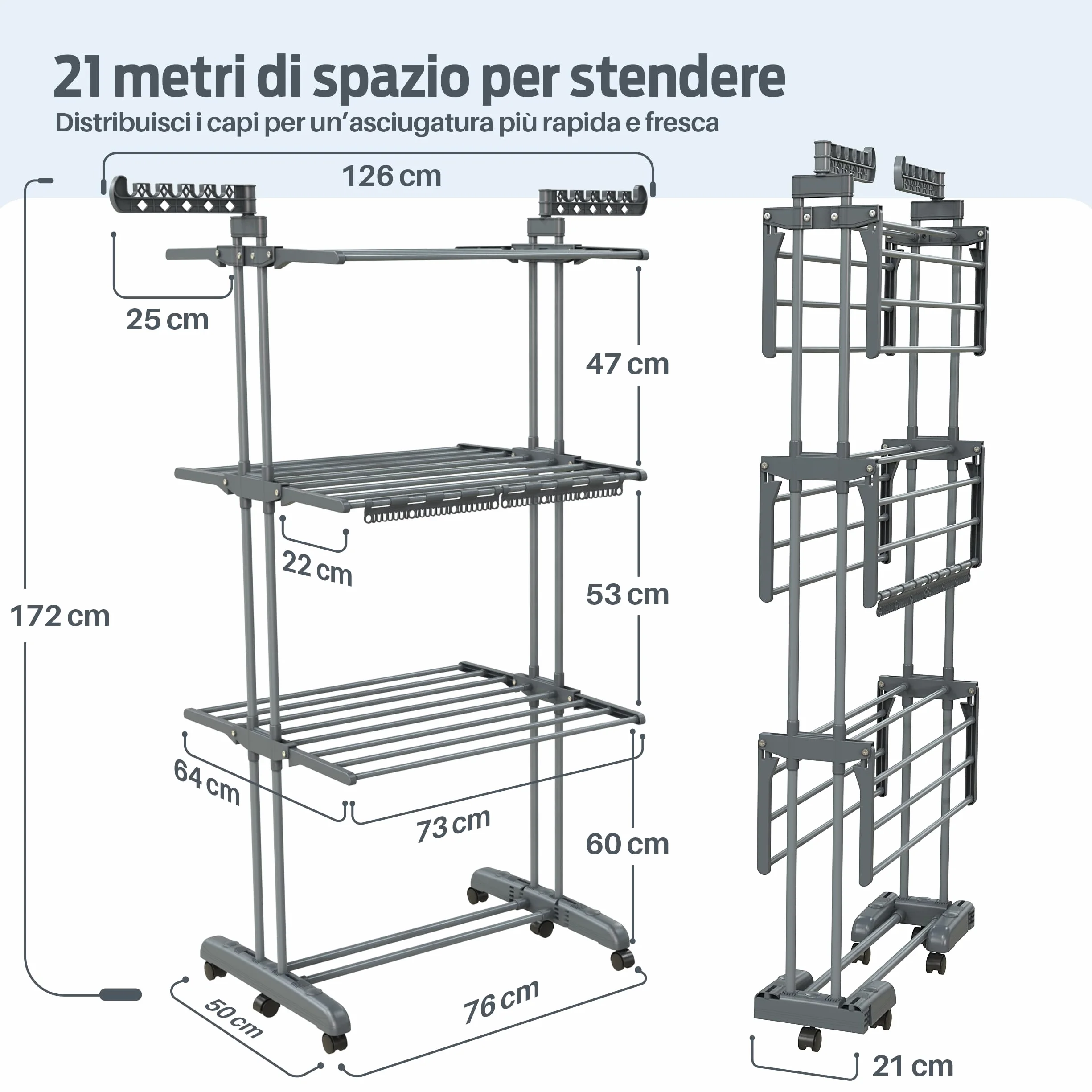 PORTENTUM Stendino verticale salvaspazio pieghevole con 4 livelli e 24 barre di stenditura – Fino a 40 kg – Stendibiancheria con 2 accessori per calzini e 2 ali laterali – Ruote girevoli con freno