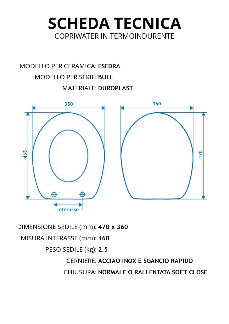Copriwater per ESEDRA BULL come ORIGINALE TERMOINDURENTE BIANCO cerniera inox normale o rallentata soft close