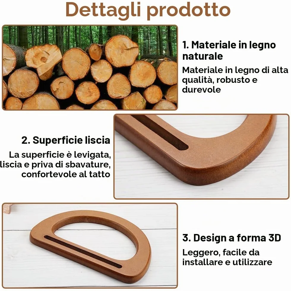 4 Pezzi Manici per Borsa in Legno a Forma di D, Accessori Fai Da Te Uncinetto