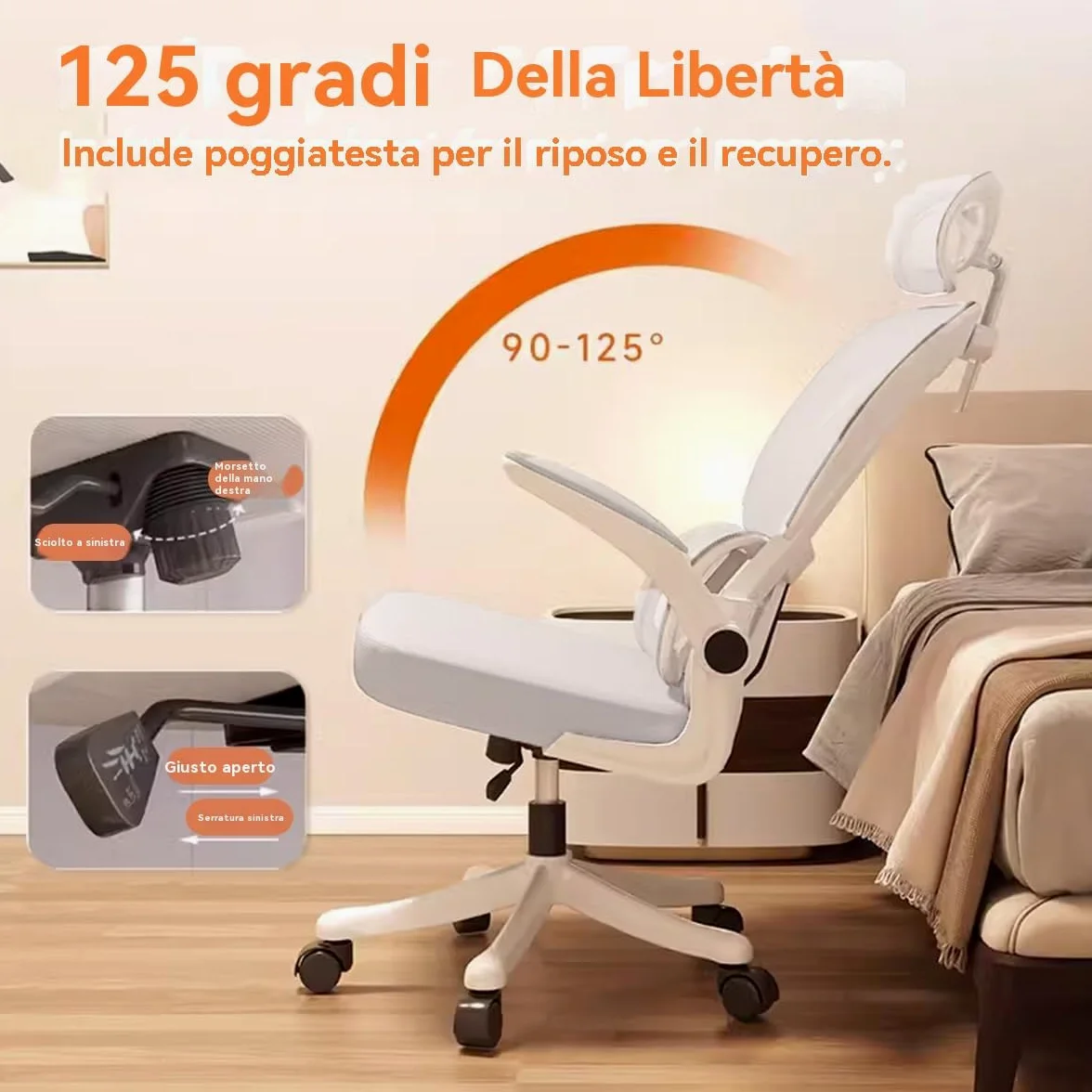 Sedia da Ufficio Ergonomica - Bianco | Sedia da Scrivania Regolabile con Schienale Alto in Rete,Supporto Lombare,Braccioli Ribaltabili | Per Ufficio Domestico,Gaming,Studio