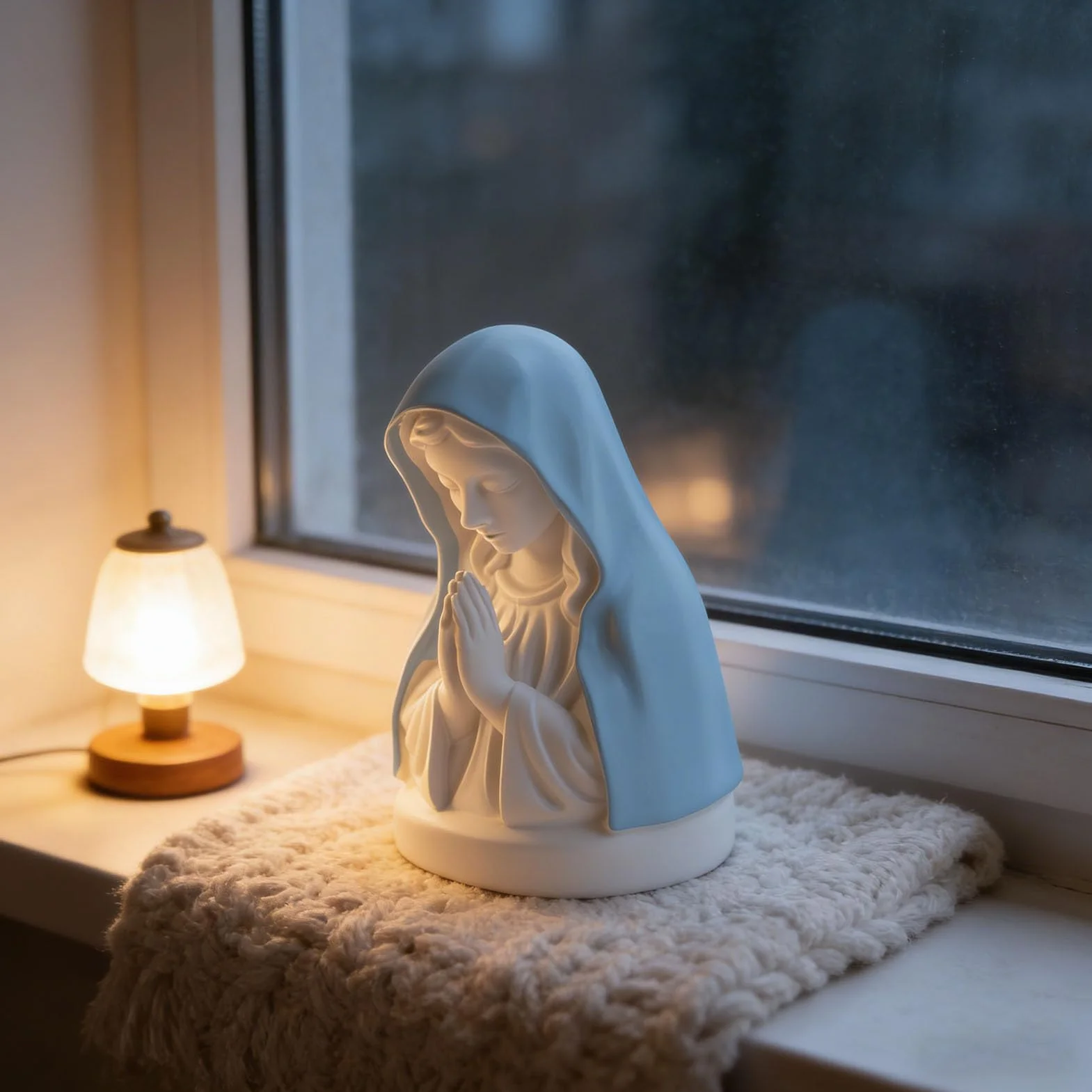 Mumusuki Statua della Vergine Maria con Luce Notturna, Elegante Lampada da Statua Religiosa Lampada da Scrivania Decorativa in Resina per la Decorazione del Soggiorno della Camera da
