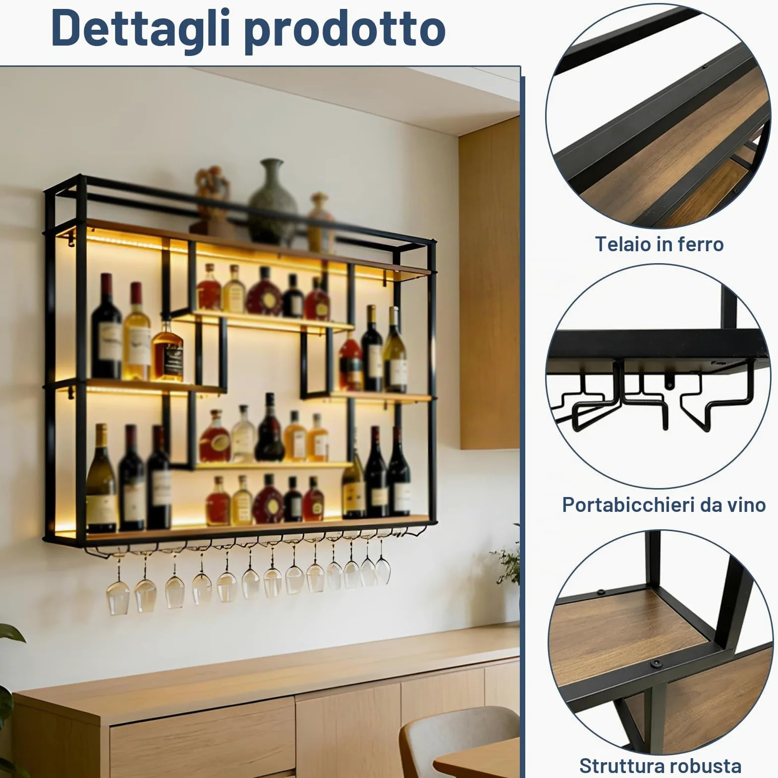 140cm Portabottiglie da Parete con luce LED, Metallo Porta Bottiglie Vino Con Portabicchieri, Grande Espositore per Bottiglie di Vino, Per Bar Domestico, Sala da Pranzo