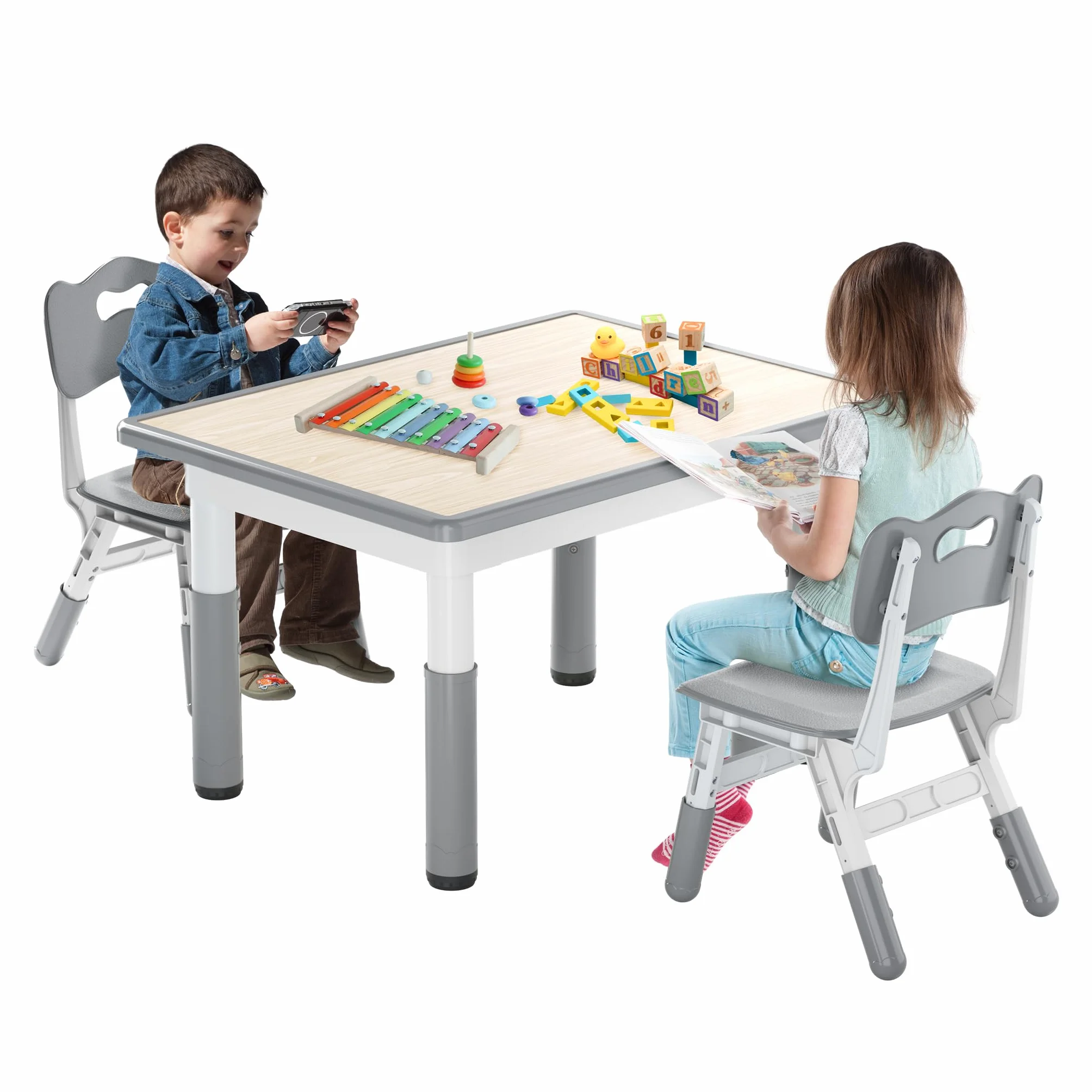FIVMEN Tavolo per bambini con 2 sedie, set da tavolo per bambini, regolabile in altezza, 3 pezzi, in plastica, per cameretta dei bambini, da 2 anni, 80 x 60 cm