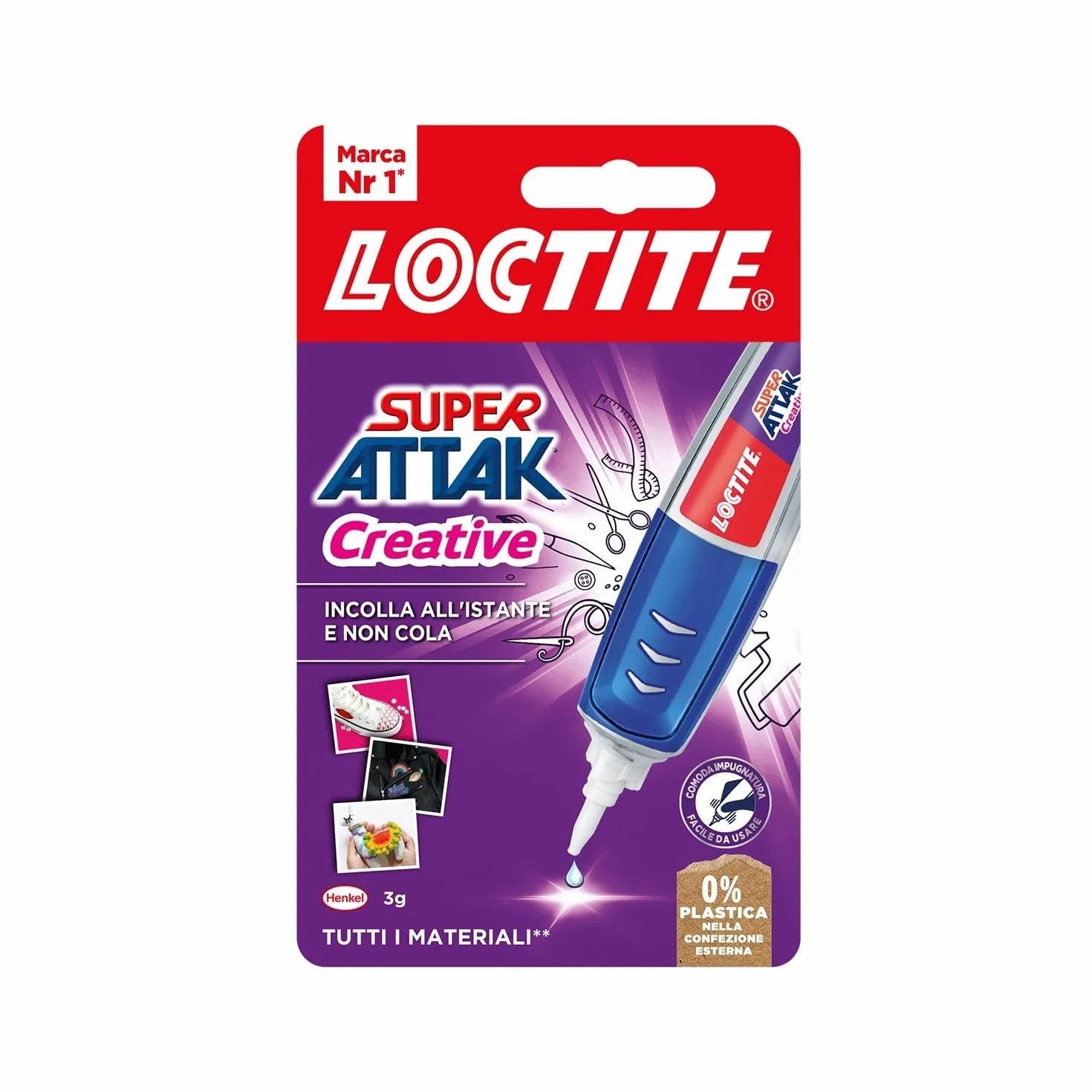 Loctite Super Attak Creative, Colla liquida trasparente con applicatore a penna, Colla attaccatutto forte per applicazioni facili e precise, Adesivo per legno, gomma, metallo, pelle, 1x3g