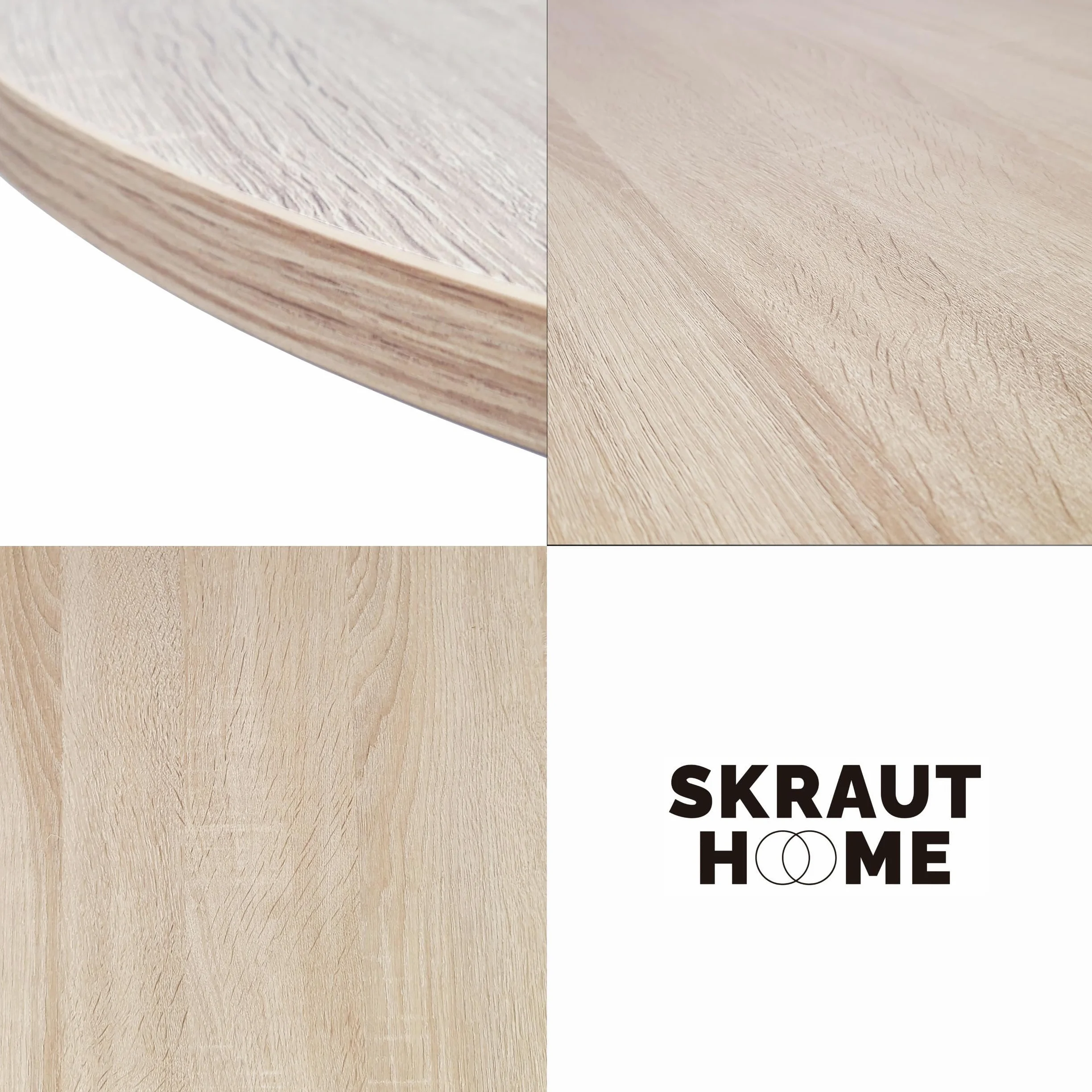 Skraut Home | Tavolo da pranzo fisso rotondo | Modello ZEN | 90x90x77 cm di altezza | Capacità per 4 persone | Materiali resistenti (90cm, Rovere + Gambe Nere)