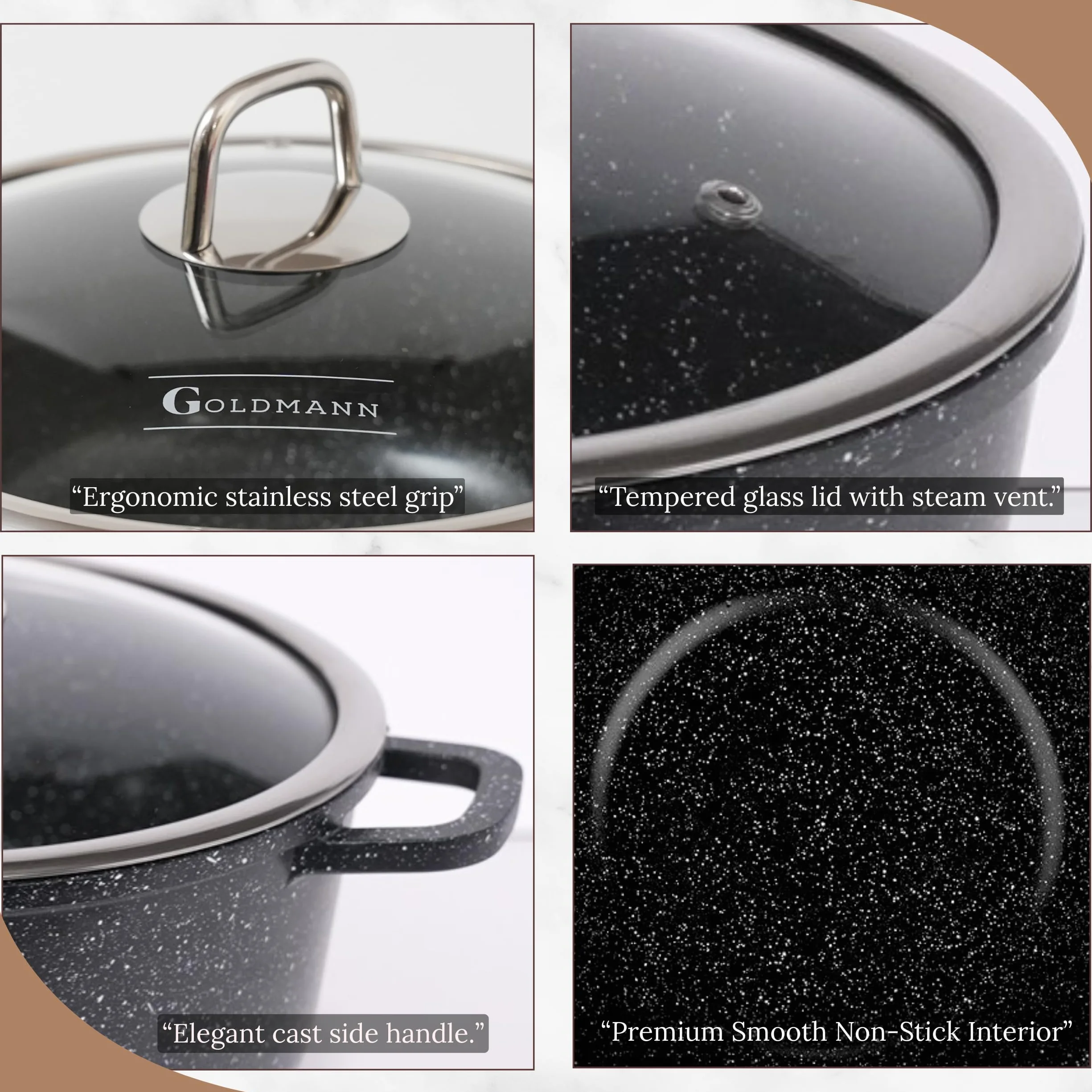 GOLDMANN Pentola da 28 CM con Coperchio in Vetro, 6.5L in Alluminio Pressofuso, Rivestimento Antiaderente in Marmo Ceramico, Adatta a Tutti i Piani Cottura, Senza PFOA/PFAS