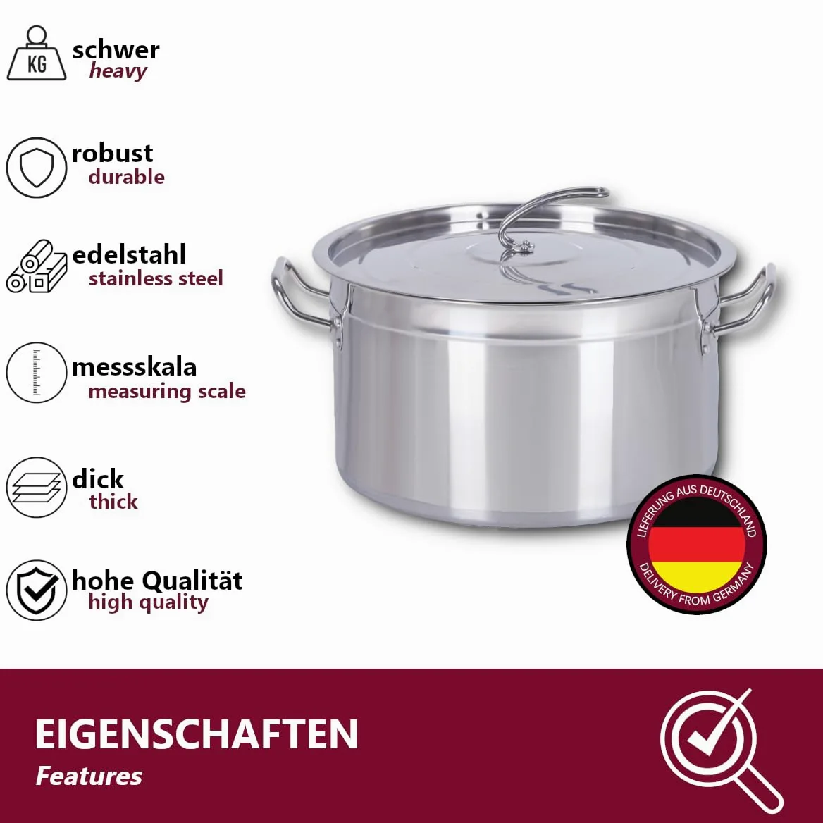 Euro Tische Pentola per la gastronomia (75 l), da 15 a 100 litri, in acciaio inox, ideale per tutti i piani cottura e le grandi cucine, set di pentole Gastro