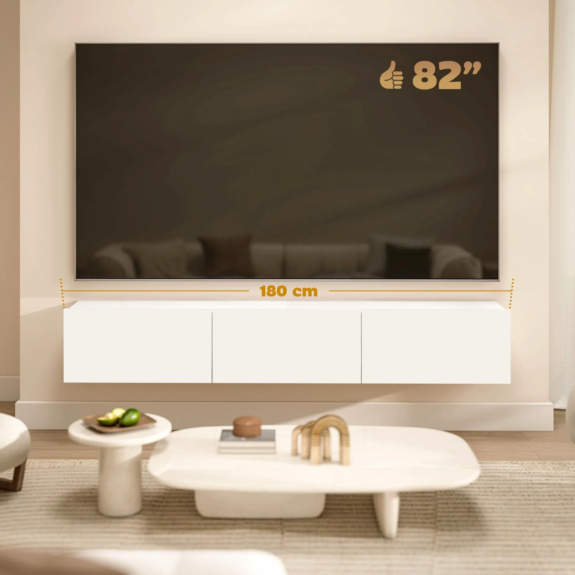 HOMCOM Mobile TV Sospeso, Mobile Porta TV Fino a 82" con Armadietti 3 Ante a Ribalta Soft Close, Mobiletto per Televisore per Soggiorno, Camera da Letto e Salotto, 180x31.5x29.8 cm, Bianco