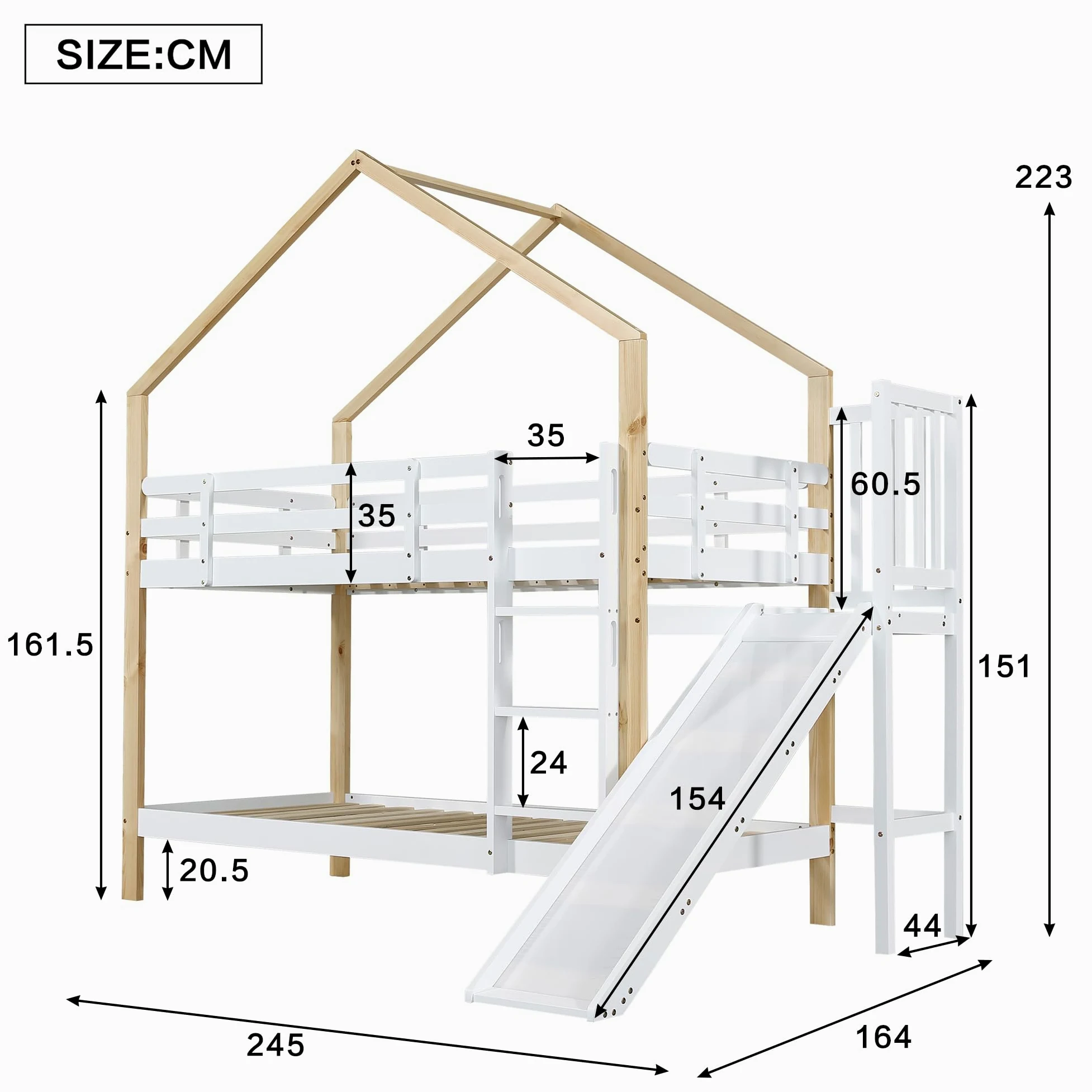 Letto a castello con scivolo e scaletta angolare a tre gradini, letto a casetta con protezione anticaduta, lettino per bambini, telaio letto in legno massello, bianco+naturale, 90x200 cm