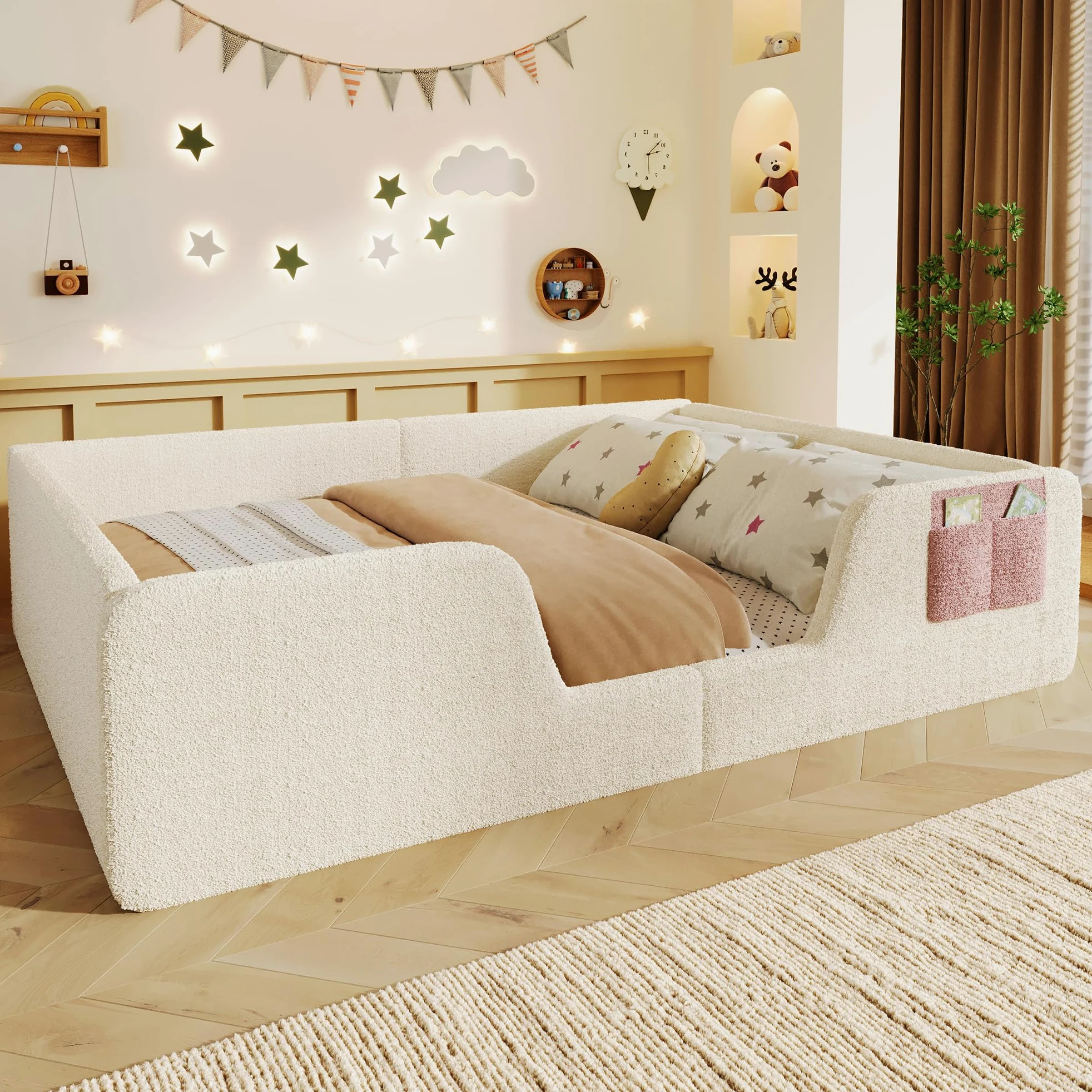 Montessori Letto a Terra per Bambini 140x190cm, Letto Piazza e Mezza per Bambini con Borsa Portaoggetti in Tessuto e Sponde di Sicurezza Removibili, Letto imbottito in Velluto(Senza Materasso) Beige