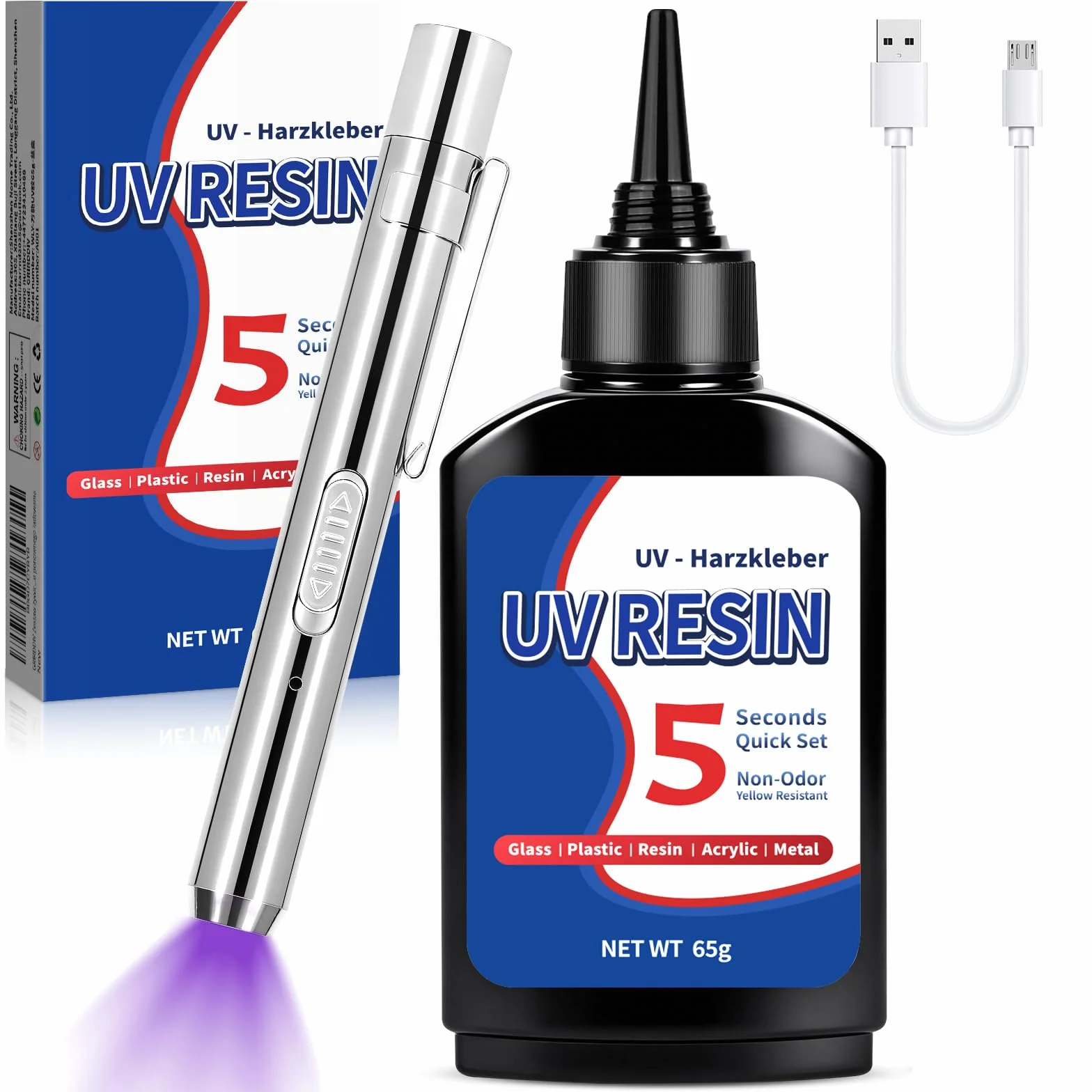 Kit Resina UV 60g con Luce 395nm, Colla UV Professionale per Gioielli, Colla UV con Luce Ricaricabile, Polimerizzazione Rapida in 5 Secondi, Ideale per DIY e Lavorazioni Artigianali