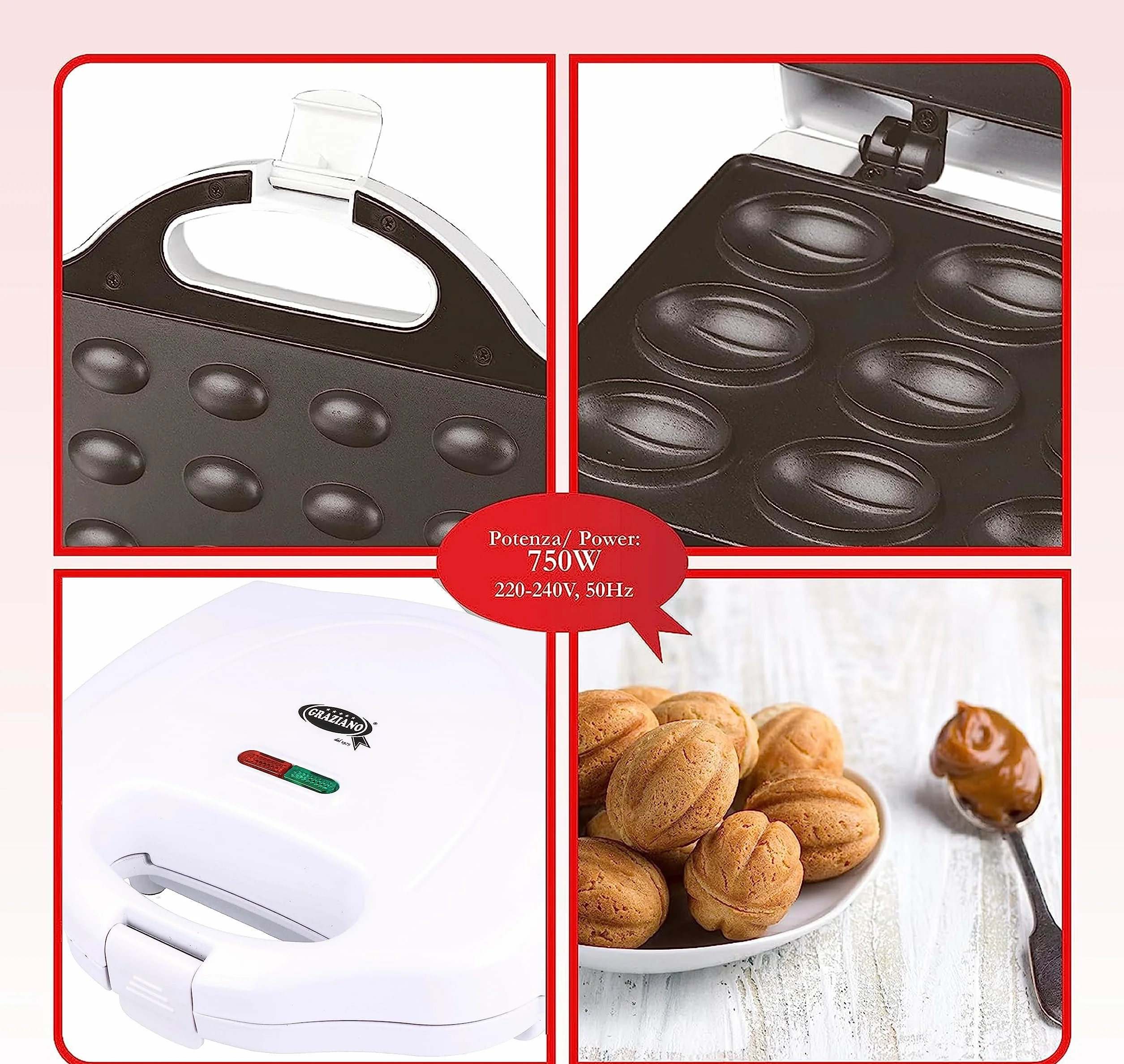 Graziano, Macchina per Noci, Macchina per Realizzare Dolci a Forma di Noci, Dotata di Piastra Antiaderente, Maniglia Termoresistente e Spie Luminose, 750W