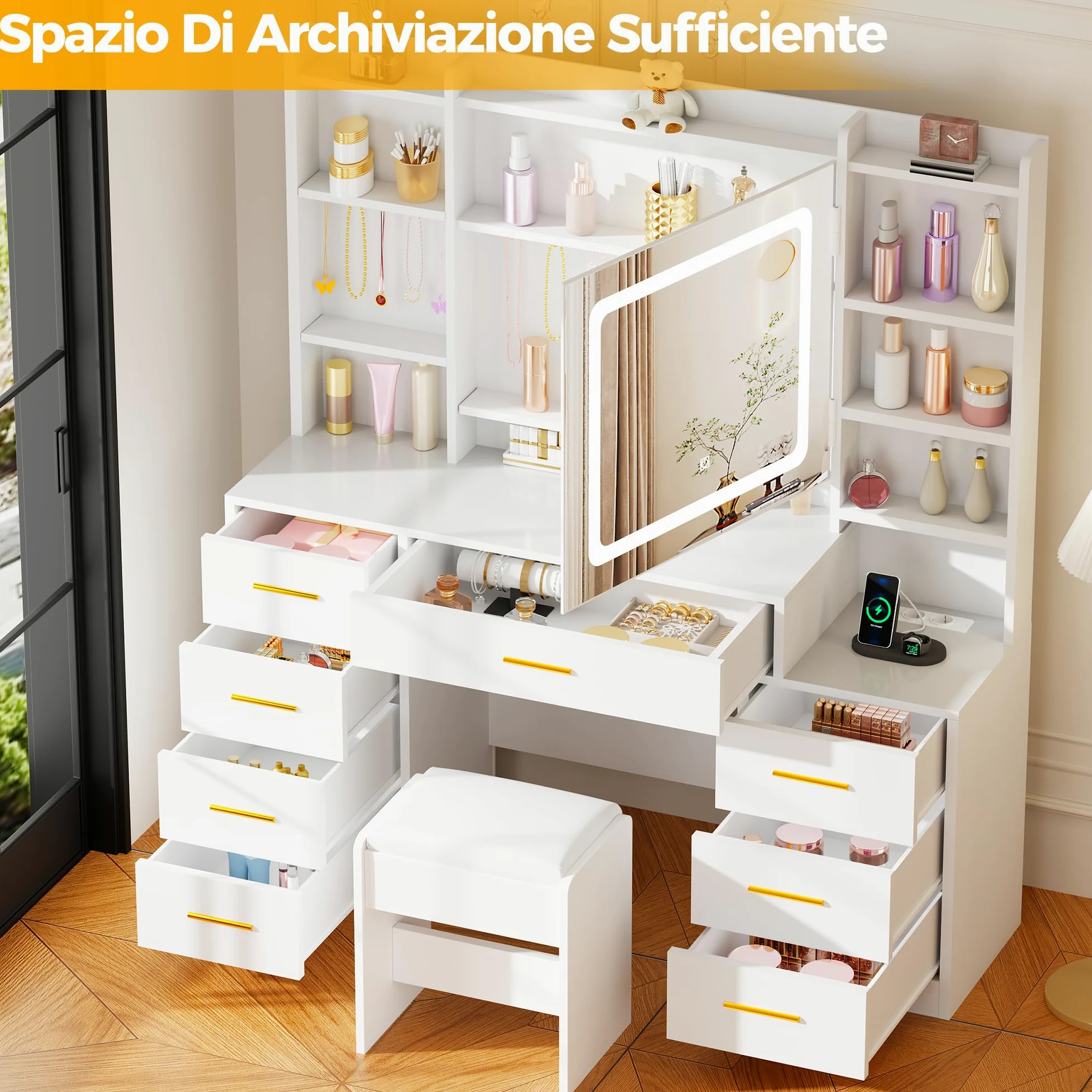 BEWISHOME Grande Toeletta da Trucco con Specchio e Luci, Sgabello e Presa | luminosità Regolabile,Tavolo Trucco con 8 Cassetti e 8 Ripiani Aperti, Moderna Postazione Trucco per Camera da Letto, EFST53M