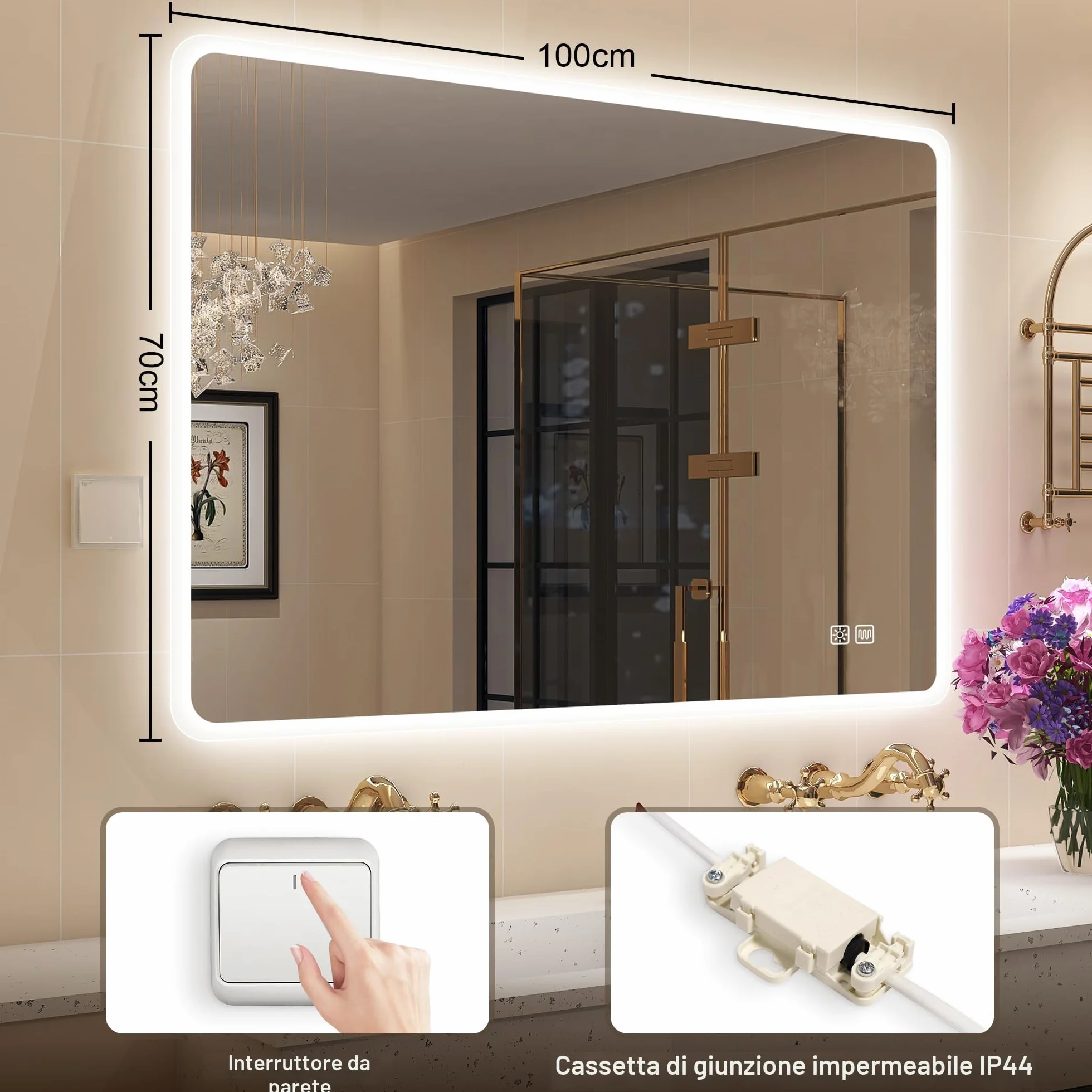 STARLEAD Specchio-Bagno-con-Luce 100x70 cm, Specchio-Bagno-LED con Antifog, 3 Colori Luce, Dimmerabile, IP44 Vetro Temperato HD Specchiera-Bagno, Funzione Memoria, Orizzontale/Verticale
