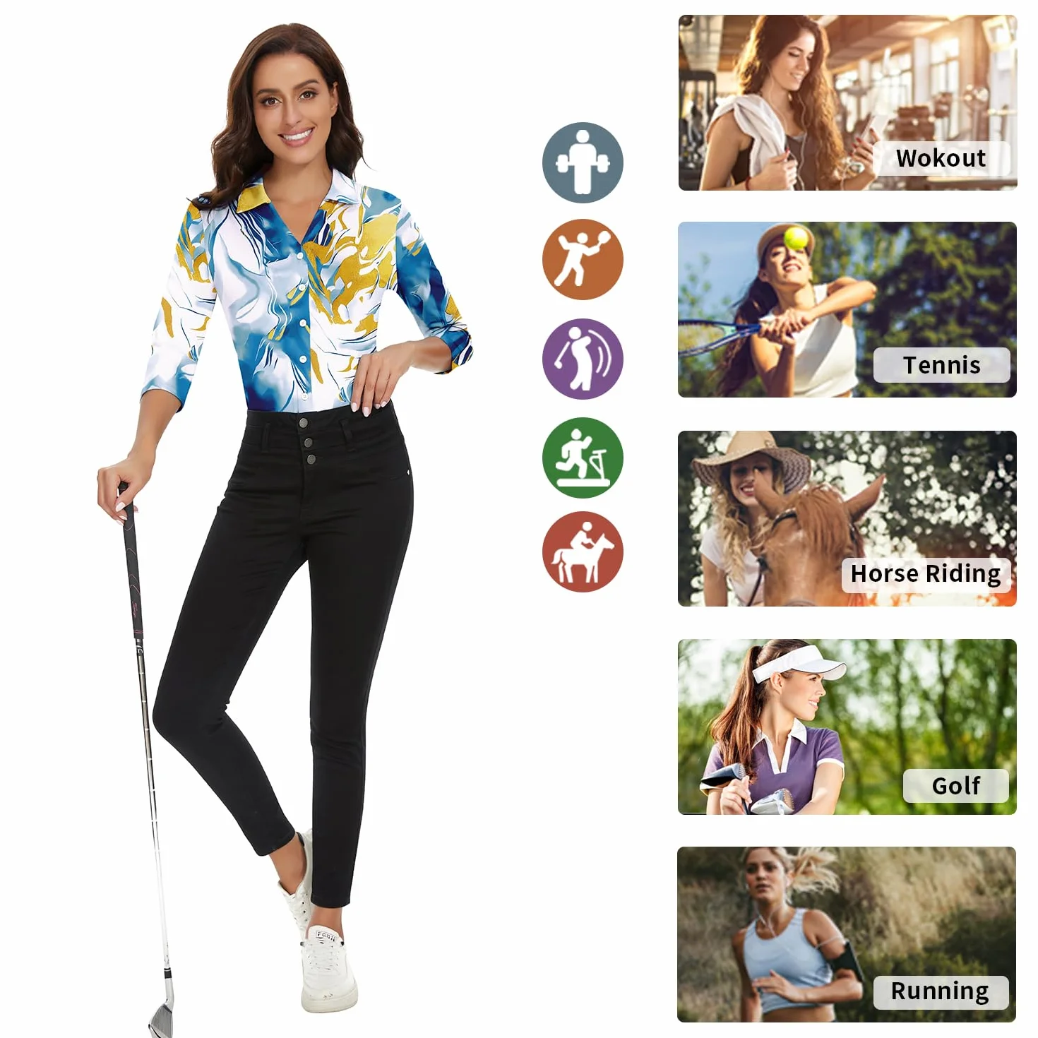 Soneven Camicia Donna Estiva Elegante, a 3/4 Maniche Lunghe Camicetta con Scollo a V Polo da Golf da Lavoro con Bottoni