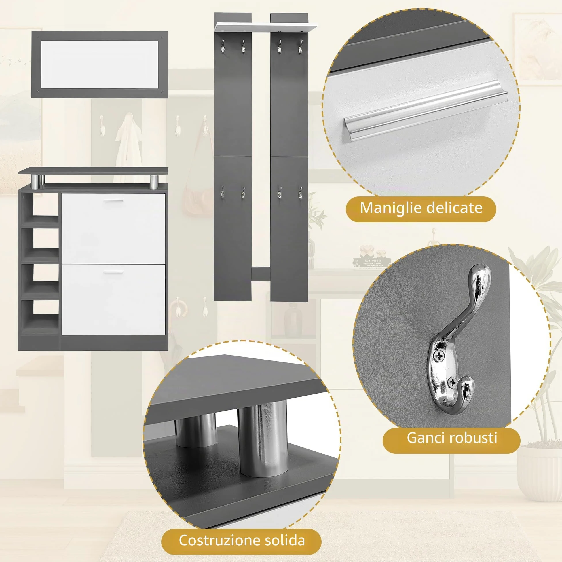 Lexiou Set appendiabiti da parete 80 x 25 x 96,5 cm, con specchio, 2 pannelli da parete, una mensola e una scarpiera, corpo grigio antracite opaco