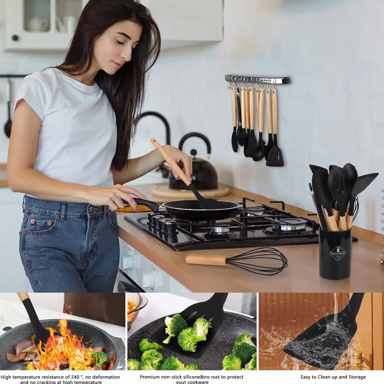 Zestaw utensili kuchennych silikonowych z drewnianym uchwytem 22 sztuki, czarny
