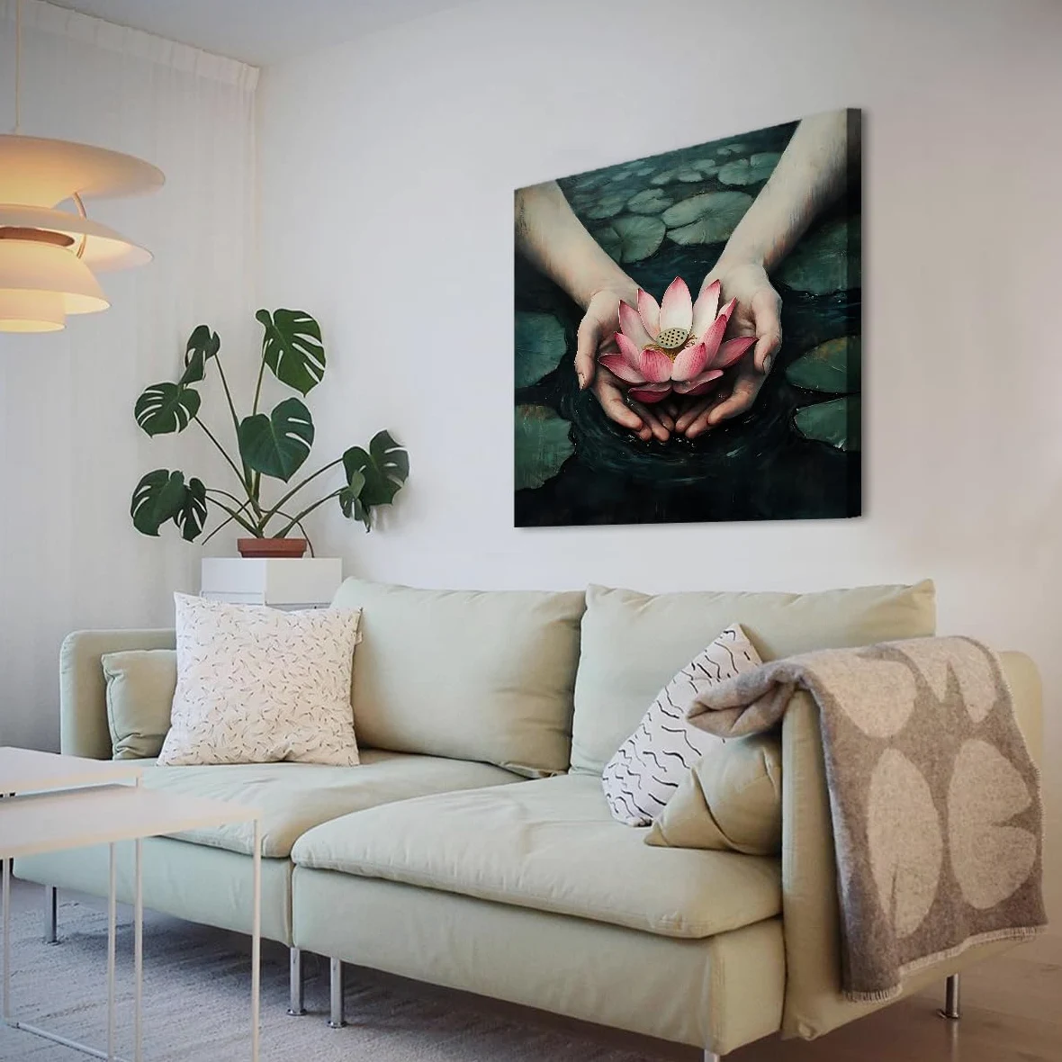YUNART Tela pittura da tela arte murale con mano ninfea laghetto di fiori decorazioni murali per soggiorno cucina bagno ufficio arredamento della casa 90x90cm Telaio interno