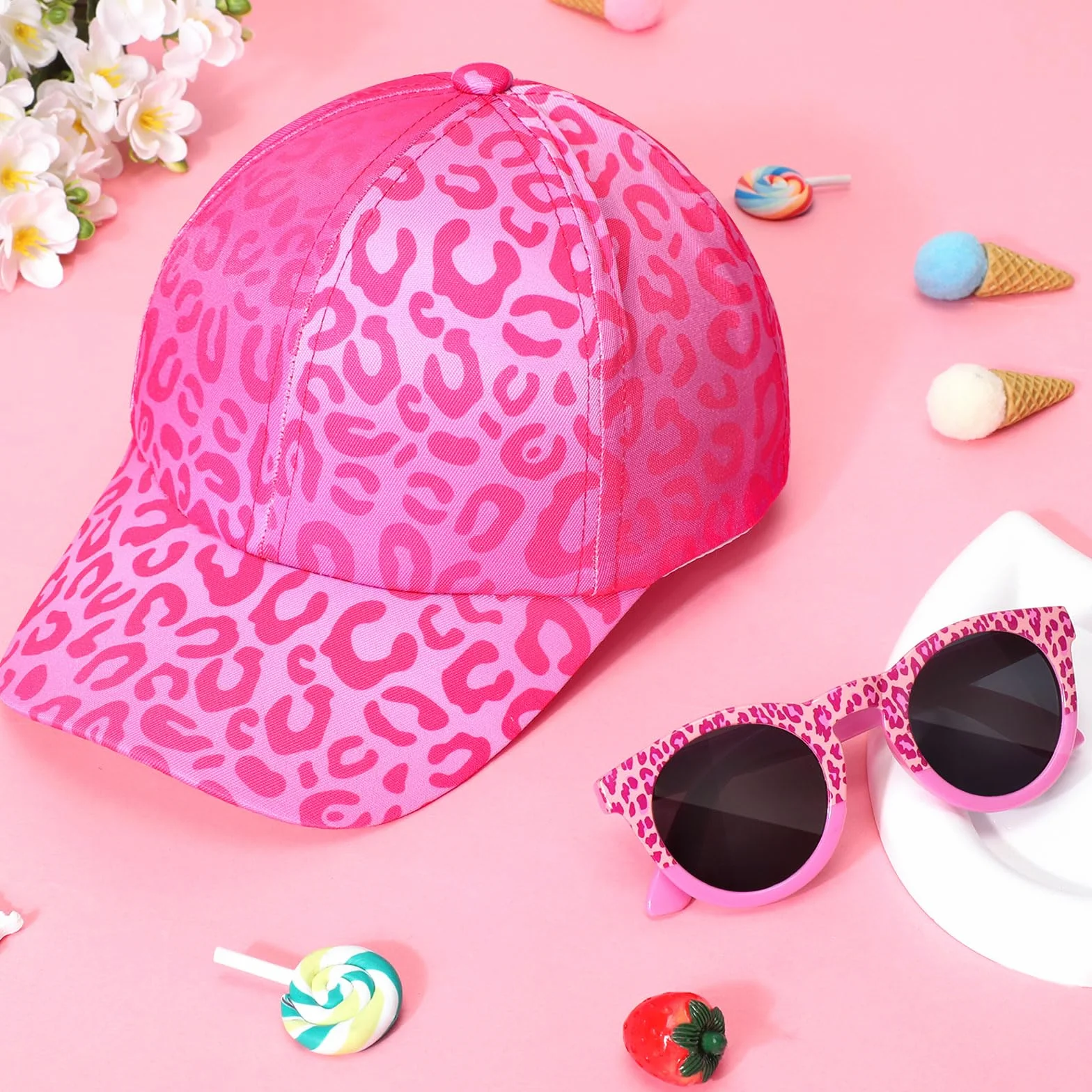 Cappellino da Baseball Occhiali da Sole Bambina Motivo Leopardo Protezione UV Regolabile Berretto Estivo