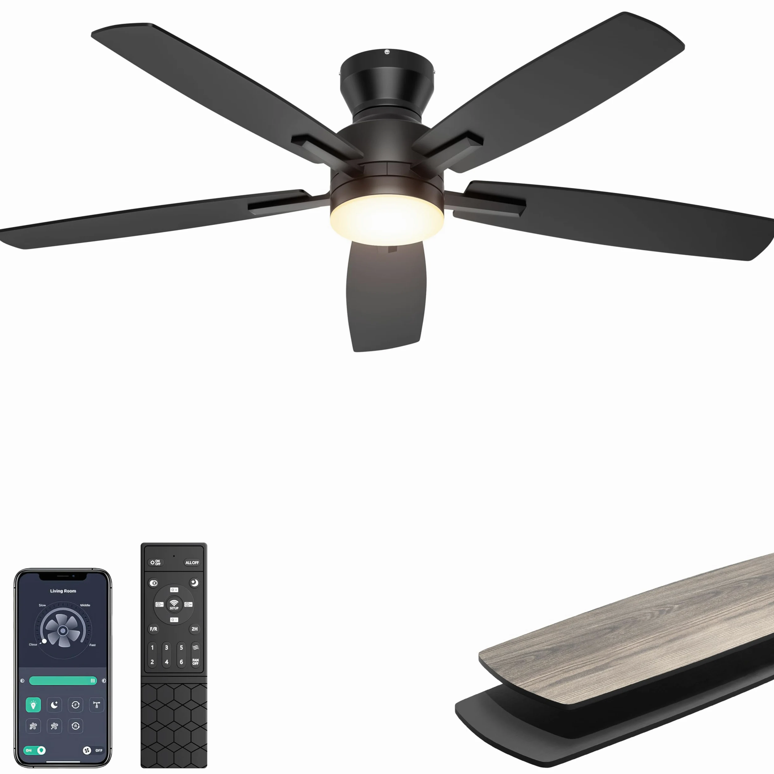 Ohniyou 132 cm Ventilatore da Soffitto a basso profilo con luce, controllo remoto/app, luce dimmerabile, silenzioso, moderno ventilatore da soffitto per camera da letto soggiorno, nero