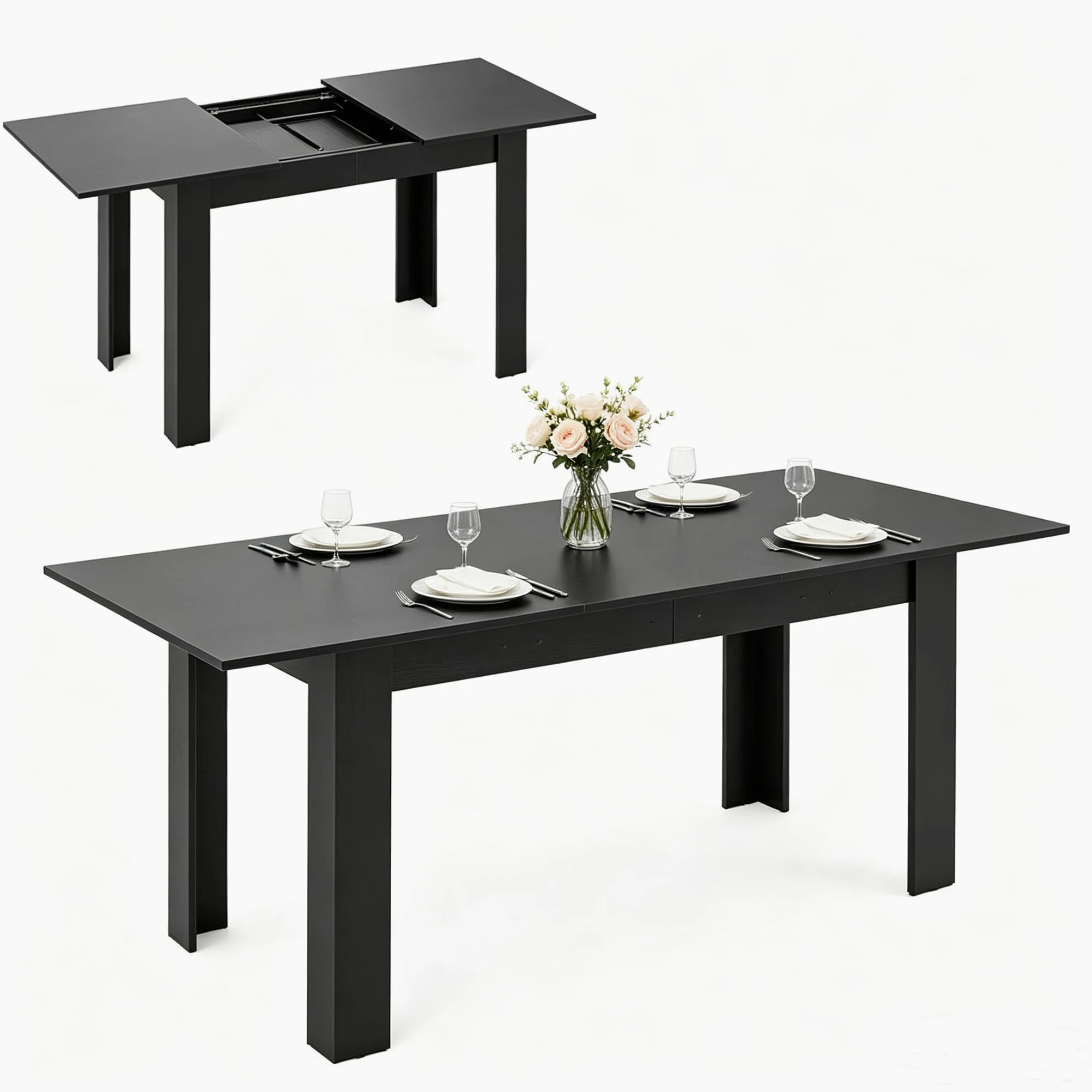 LIFEZEAL Tavolo da Pranzo Allungabile, 158x70cm per 4-8 Persone, Tavolo da Cucina, da Sala da Pranzo, Estensibile, Moderno, in Legno, Ampio Piano, Gambe a Forma di L, Montaggio Facile, Max 110kg, Nero