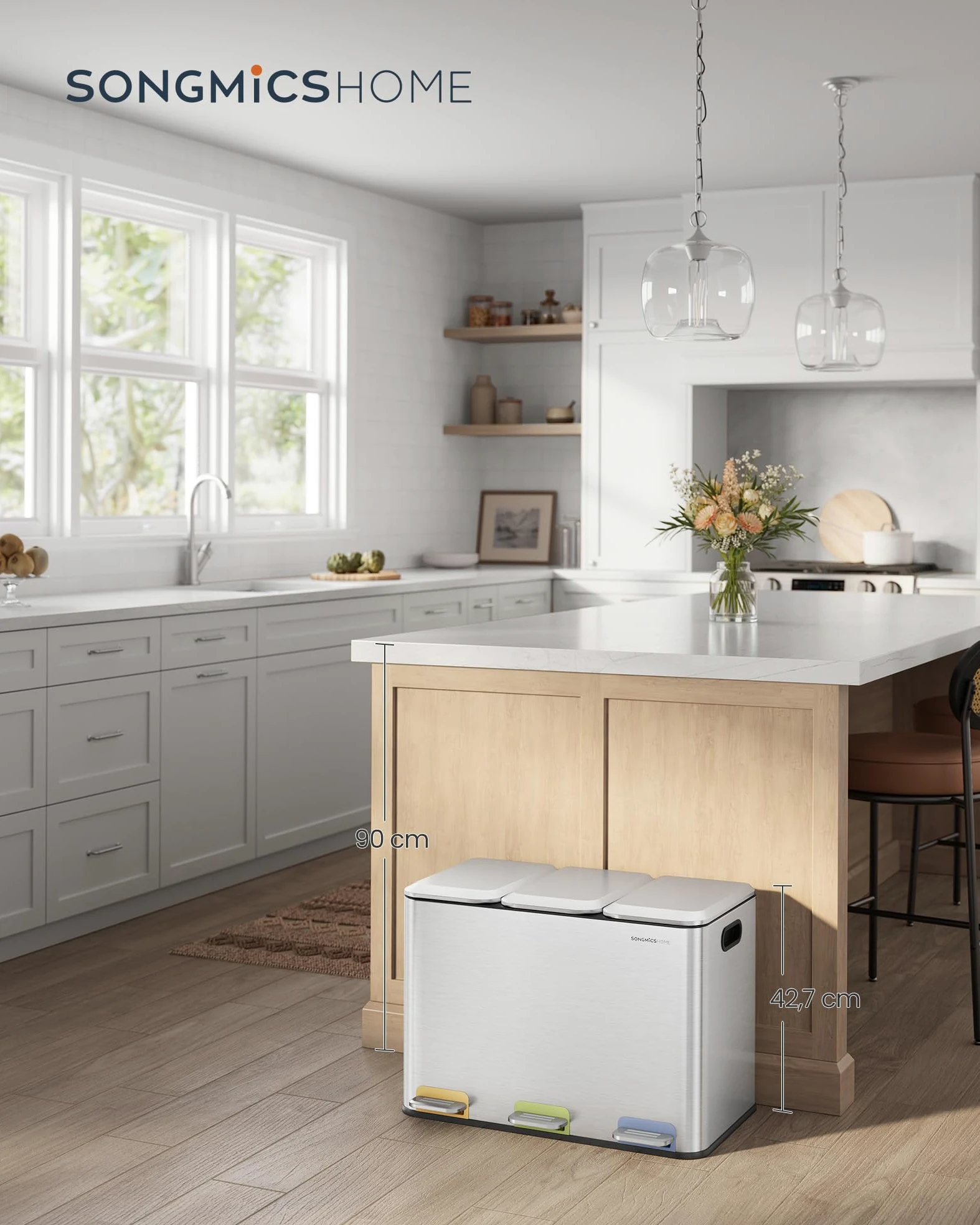 SONGMICS HOME Cestino da Cucina Tripla, Pattumiera per Raccolta Differenziata 3 x 15 L con Pedali Colorati, Raccolta Differenziata, Coperchio e Secchi Interni, Acciaio, Argento Metallizzato