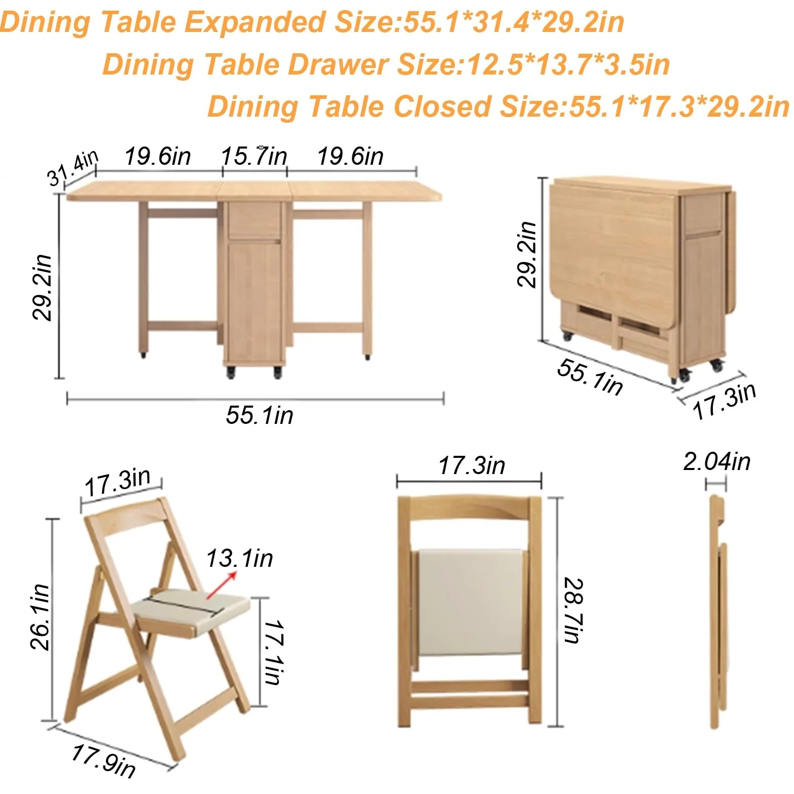Tavolo pieghevole in legno massello, Set tavolo da pranzo con 4 sedie, Cassetto portaoggetti, bancone della cucina per la sala da pranzo di casa, il soggiorno, salvaspazio